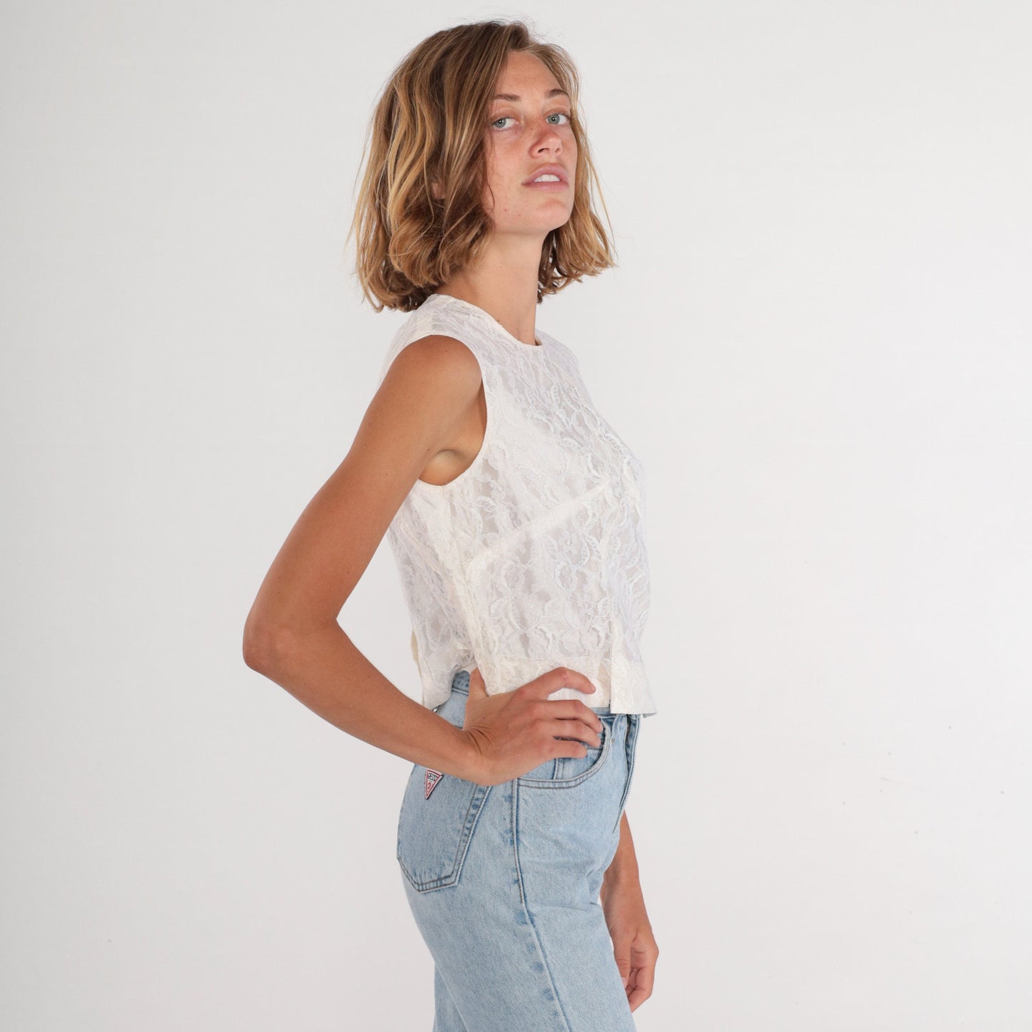 60s White Lace Crop Tank Top Sleeveless Blouse Button Back Medium