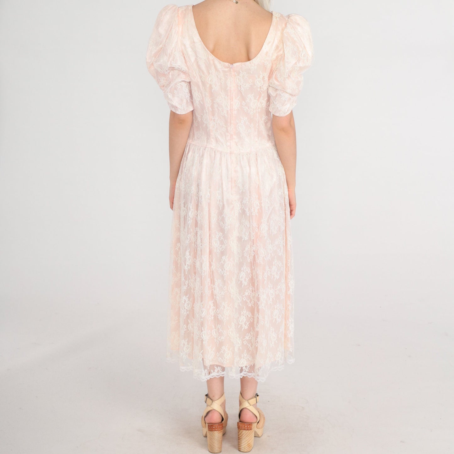 80s Gunne Sax Midi Dress Pink Lace Puff Sleeve Basque Waist Medium