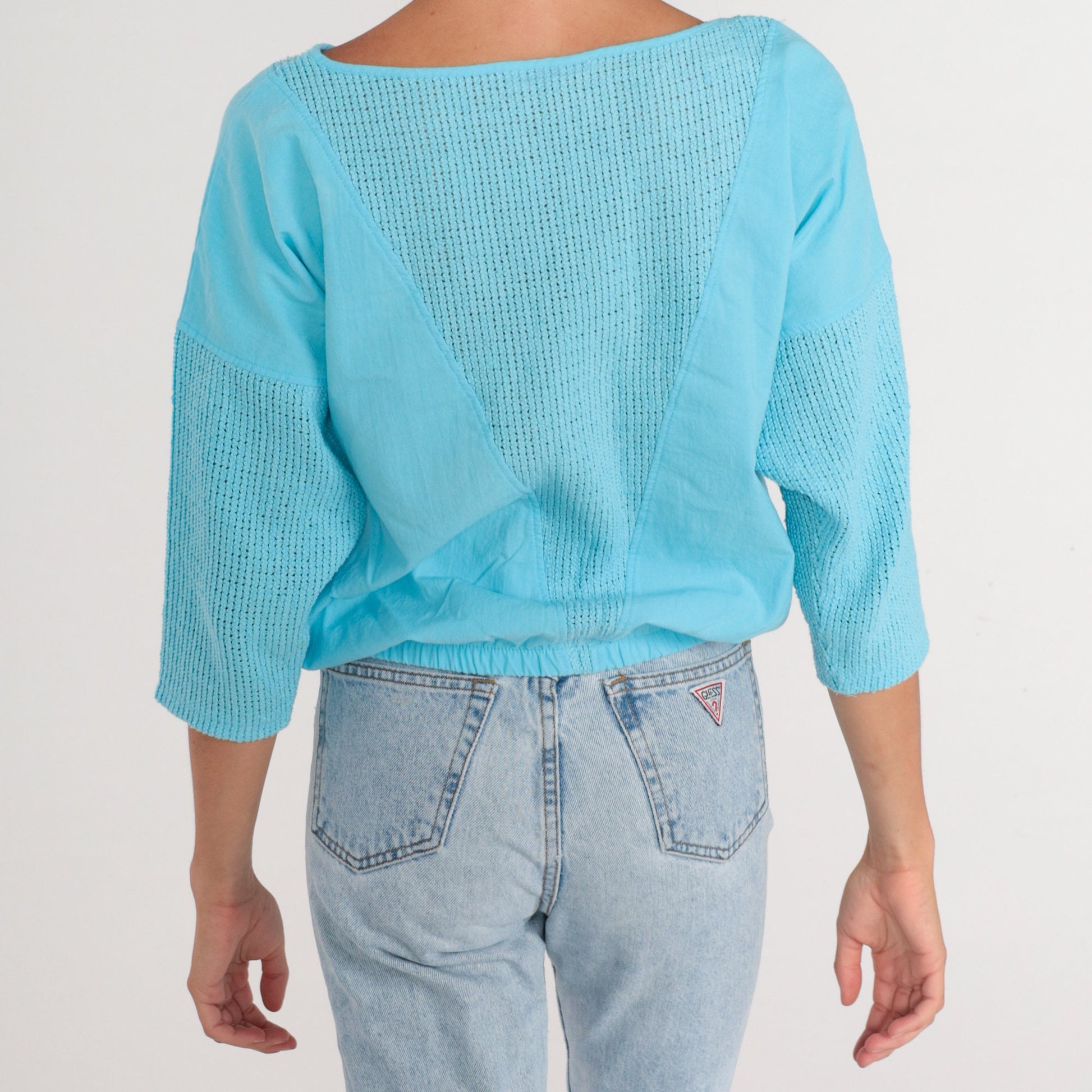 80s Blue Mesh Shirt 3/4 Sleeve Sheer Pocket Blouse Banded Hem Large L
