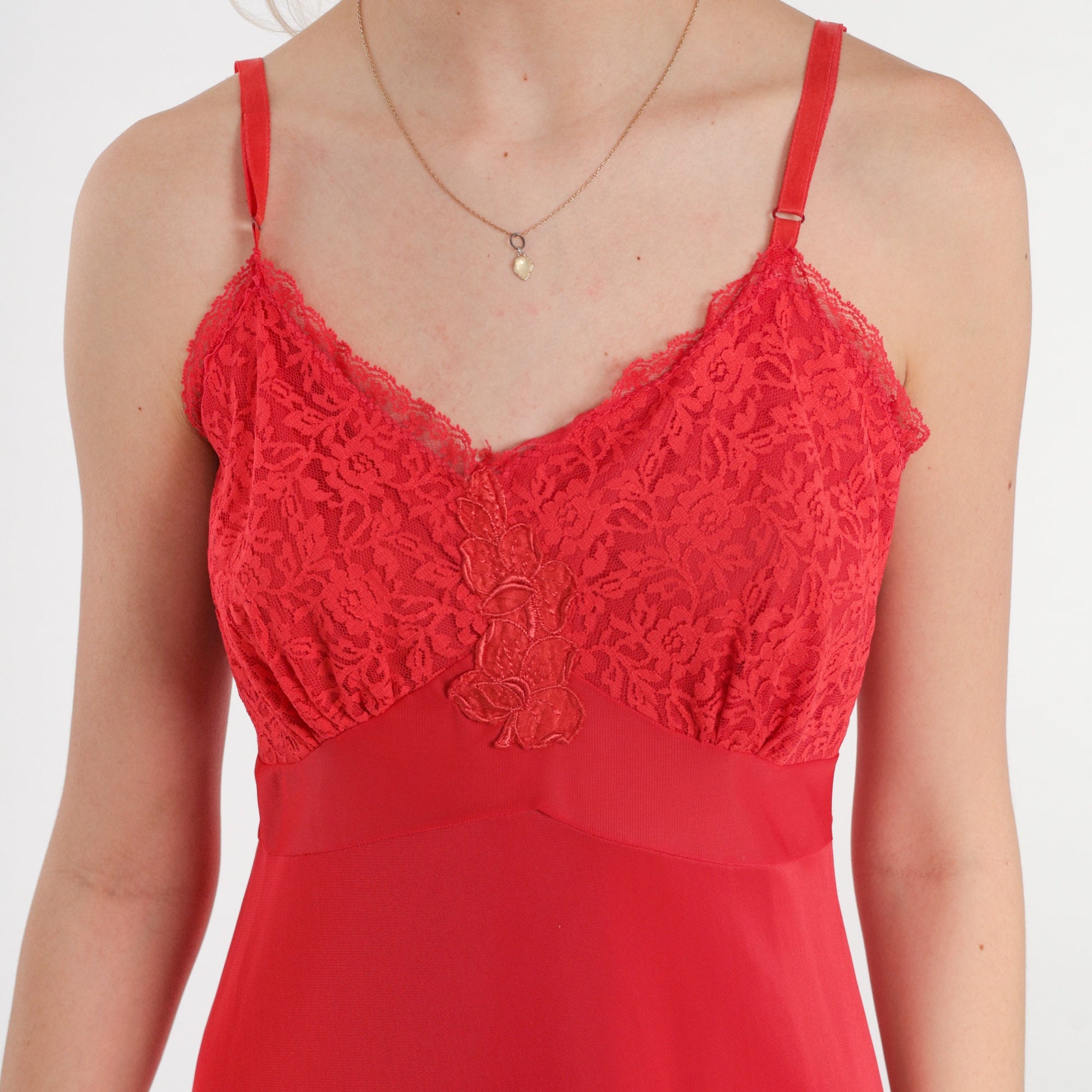 70s Red Slip Dress Floral Lace Empire Waist Spaghetti Strap Knee-Length Medium