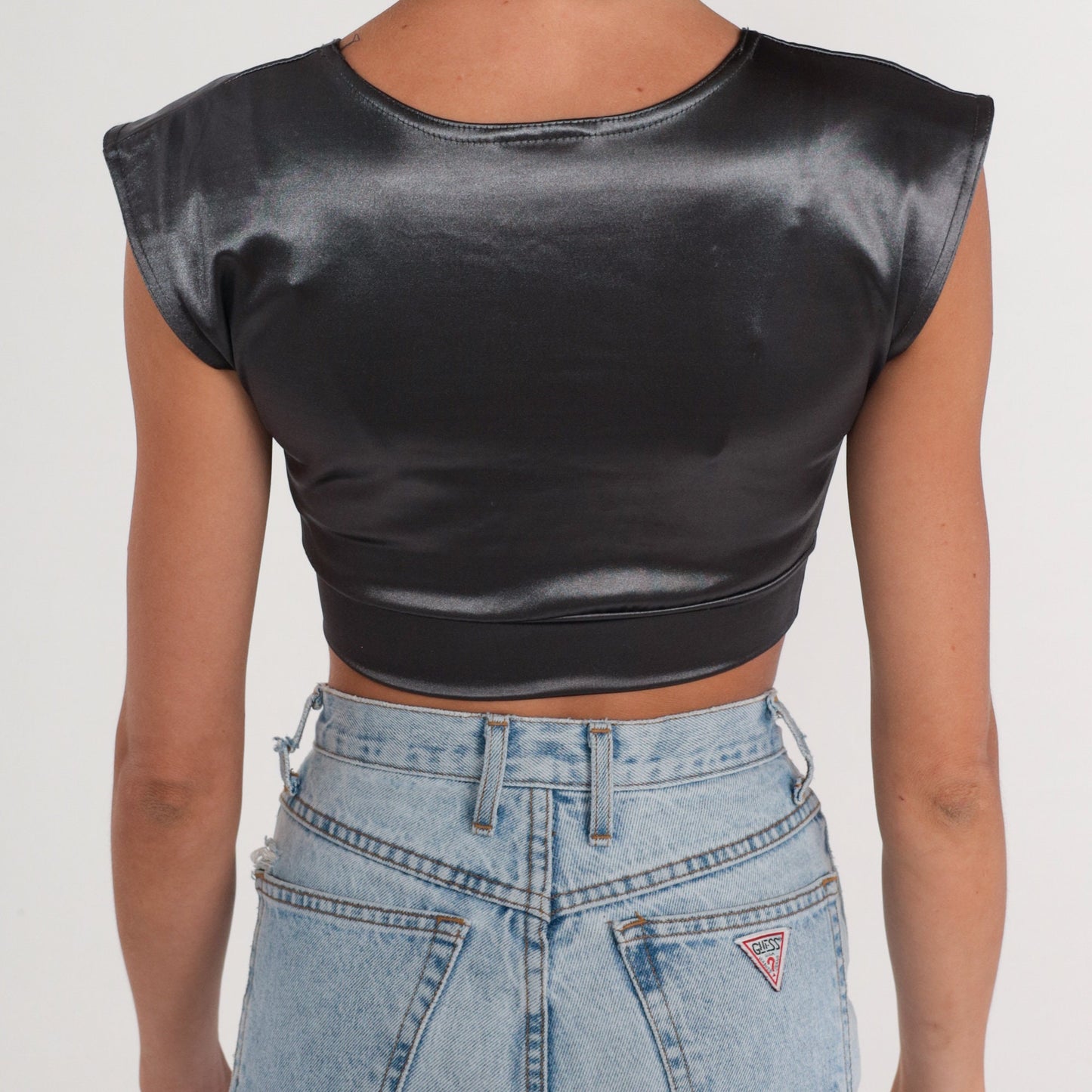 90s Contempo Casual Silver Metallic Crop Top Cap Sleeve Scoop Neck XS