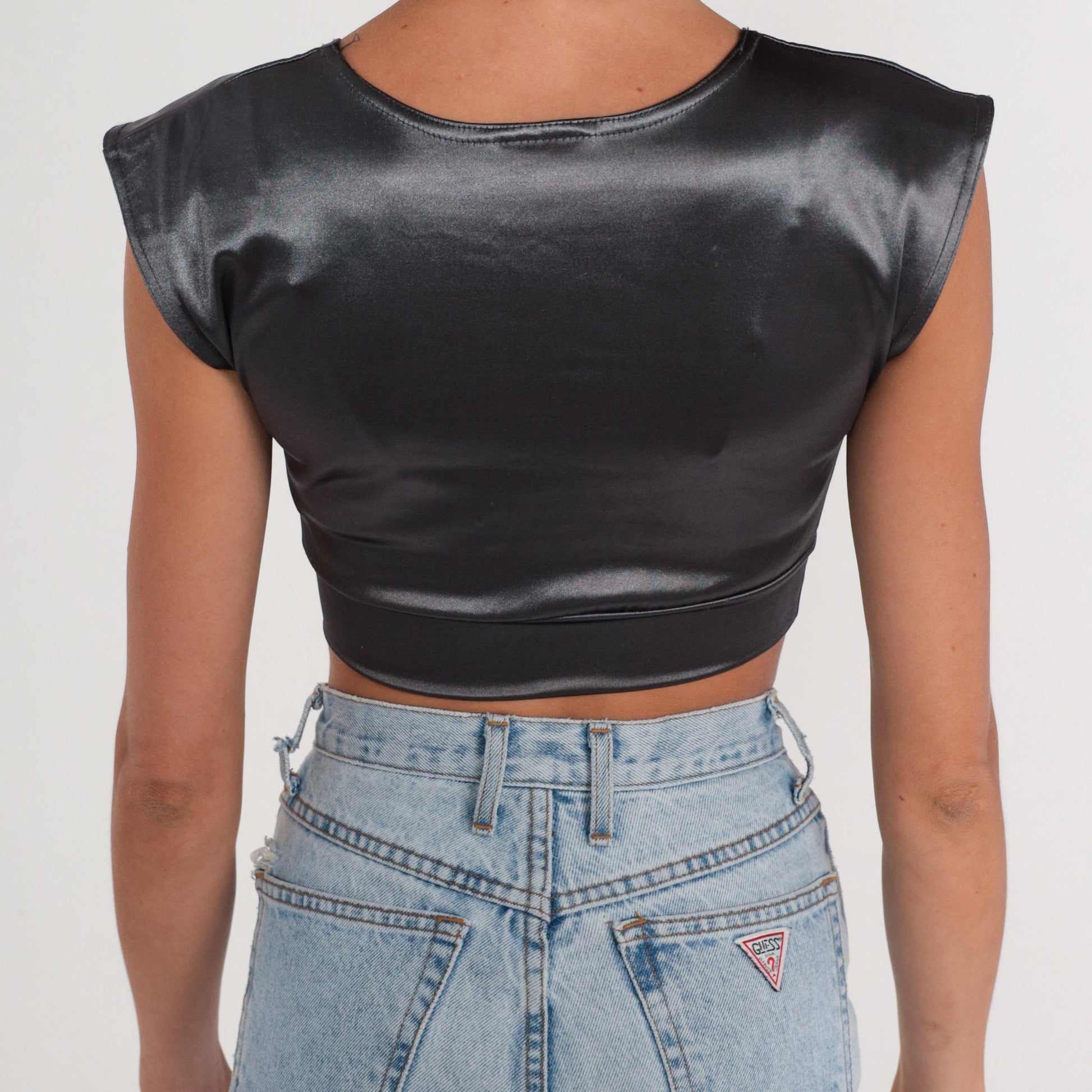 90s Contempo Casual Silver Metallic Crop Top Cap Sleeve Scoop Neck XS