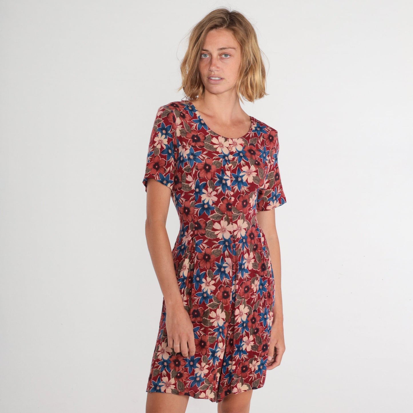 90s Karen Scott Red Floral Button-Up Romper Knee-Length Small S