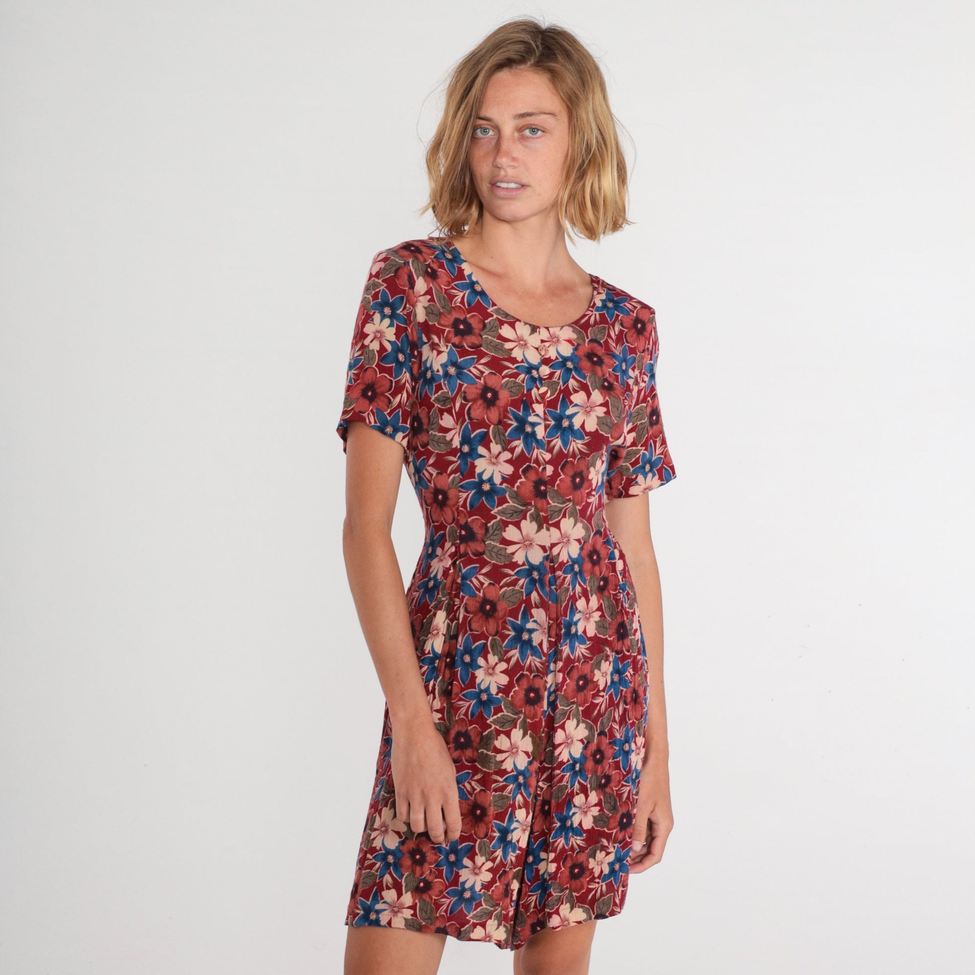 90s Karen Scott Red Floral Button-Up Romper Knee-Length Small S