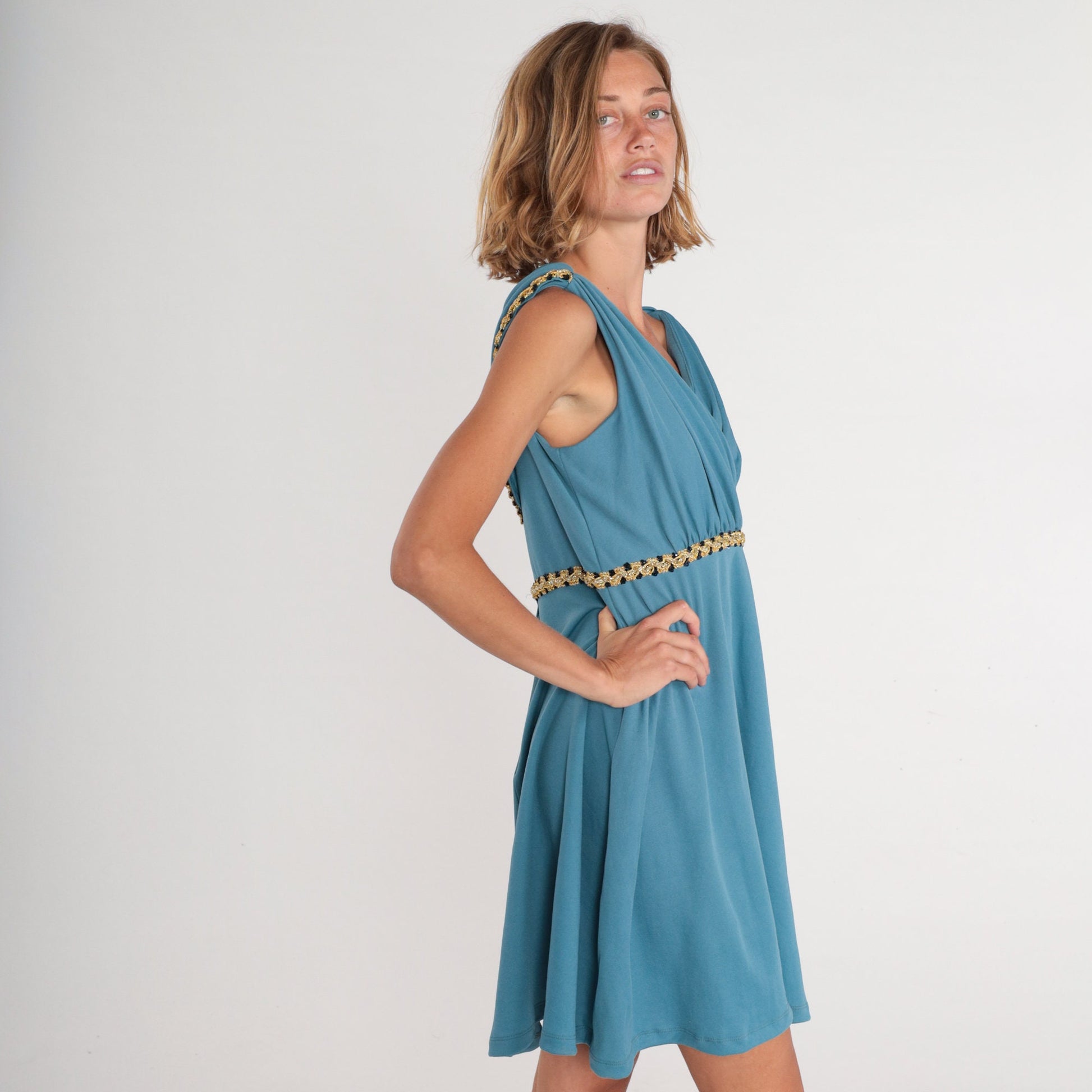 70s Blue Grecian Mini Dress Empire Waist Draped Cape Back Large