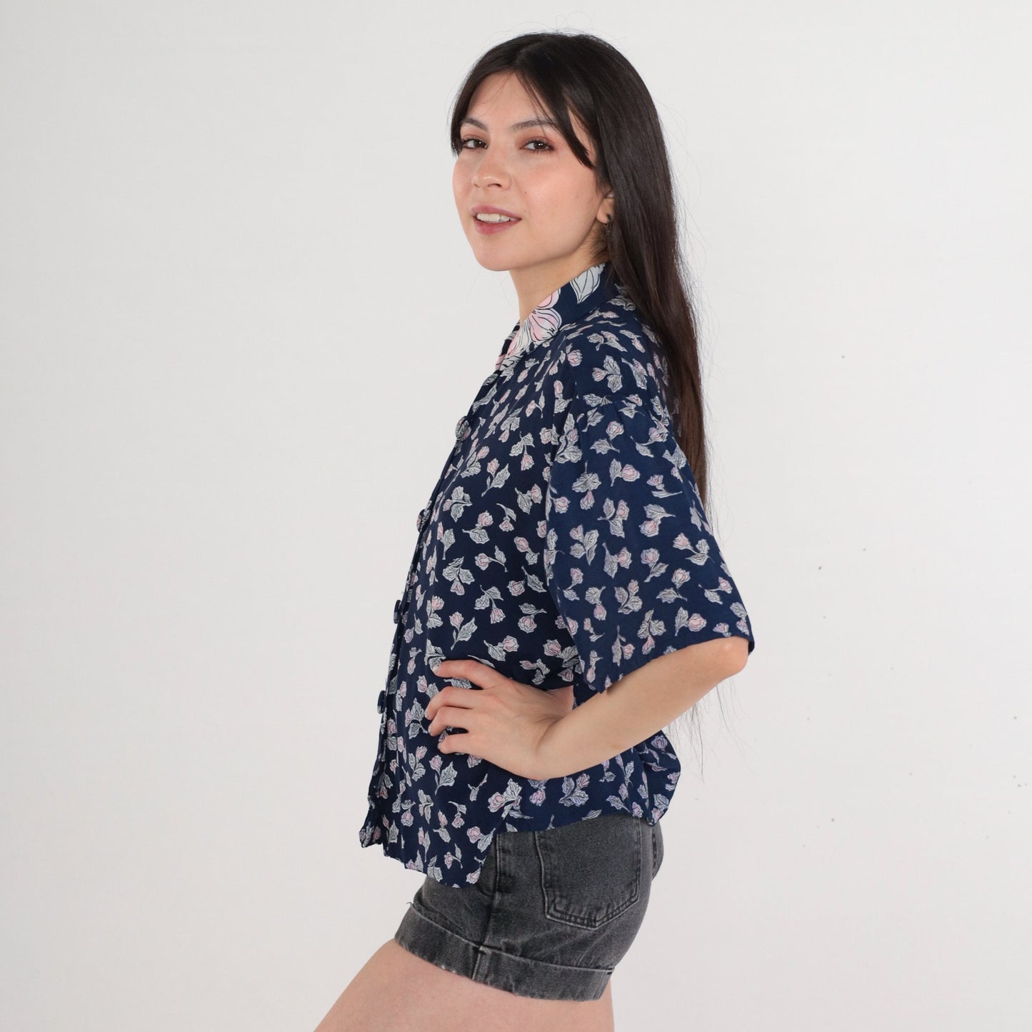 90s Navy Floral Button-Up Blouse Short Sleeve Collared Shirt Large L