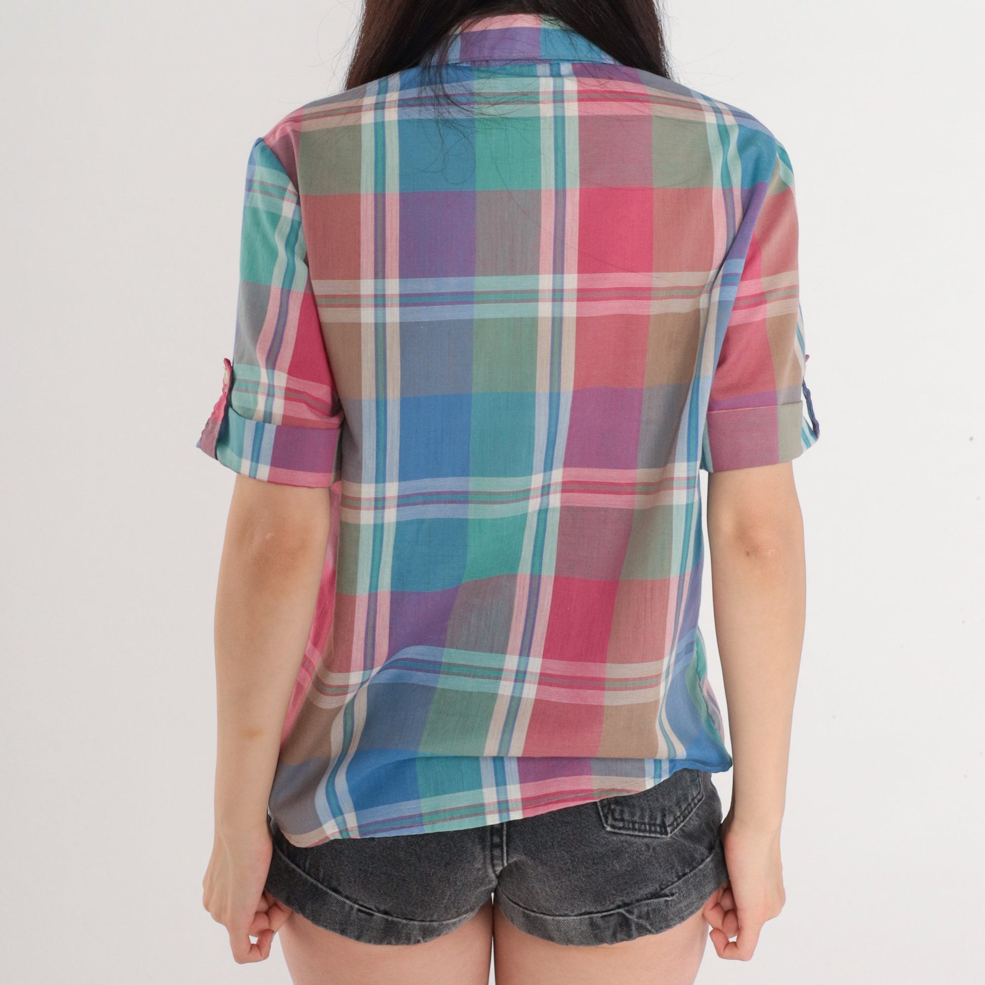 80s Russ Checkered Button-Up Blouse Green Blue Pink Plaid Medium