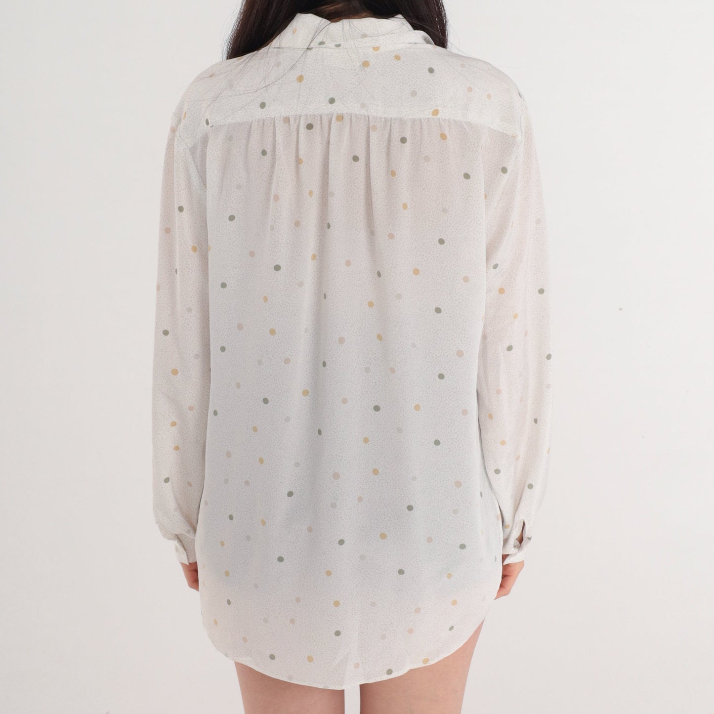 80s Polka Dot Button-Up Blouse White Semi-Sheer Long Sleeve Collared Shirt Extra Large XL