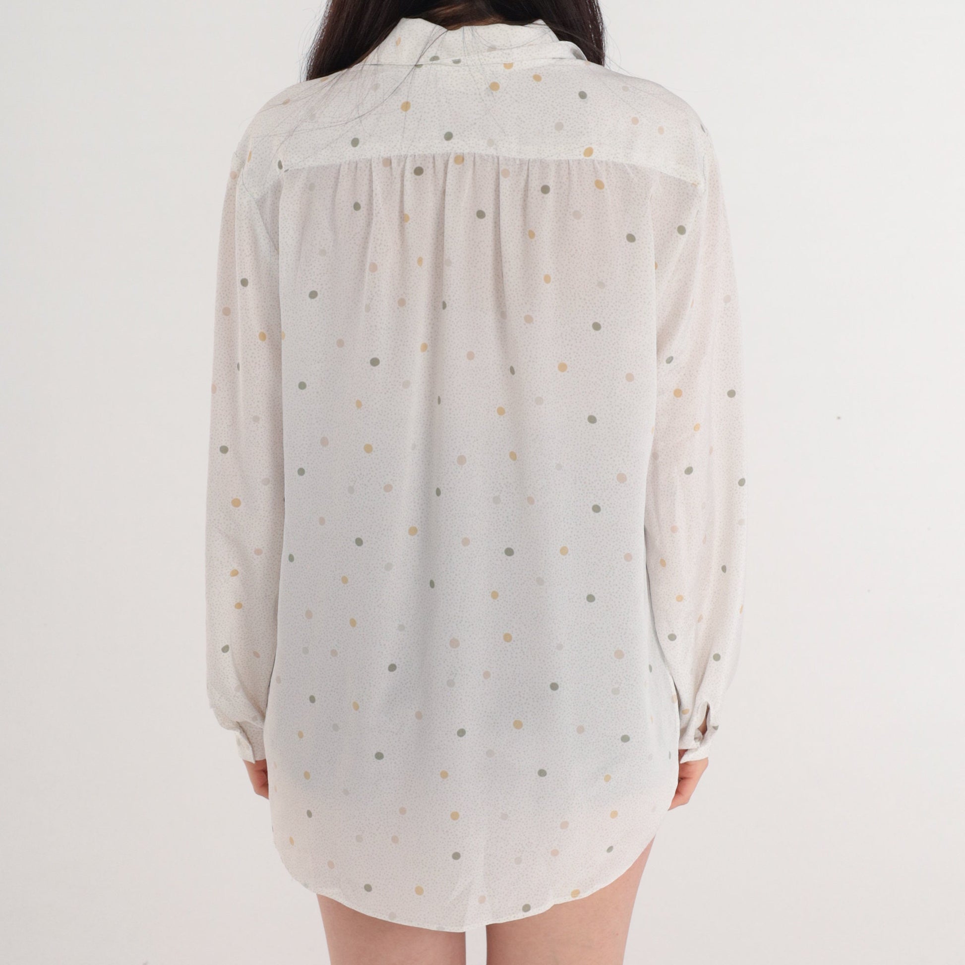 80s Polka Dot Button-Up Blouse White Semi-Sheer Long Sleeve Collared Shirt Extra Large XL
