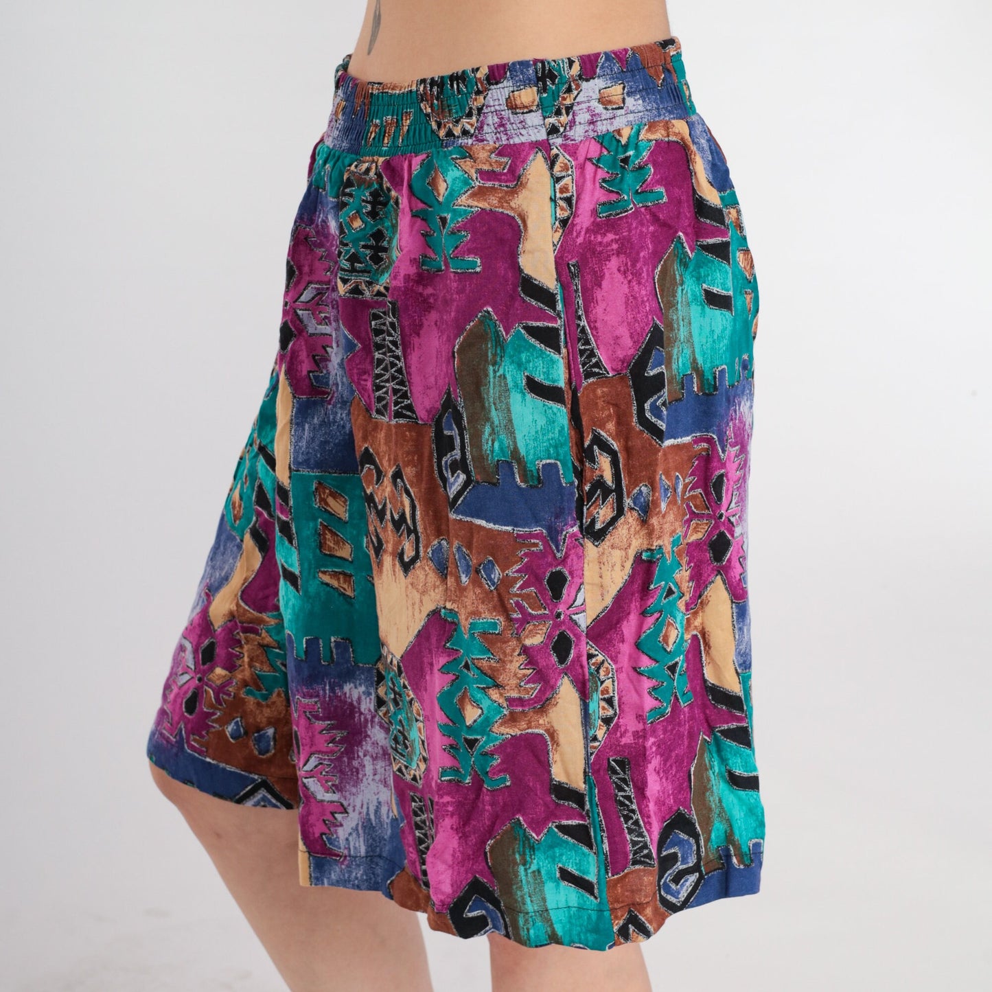 90s Abstract Geometric Print High-Waist Shorts Wide Leg Pink Green Medium Large