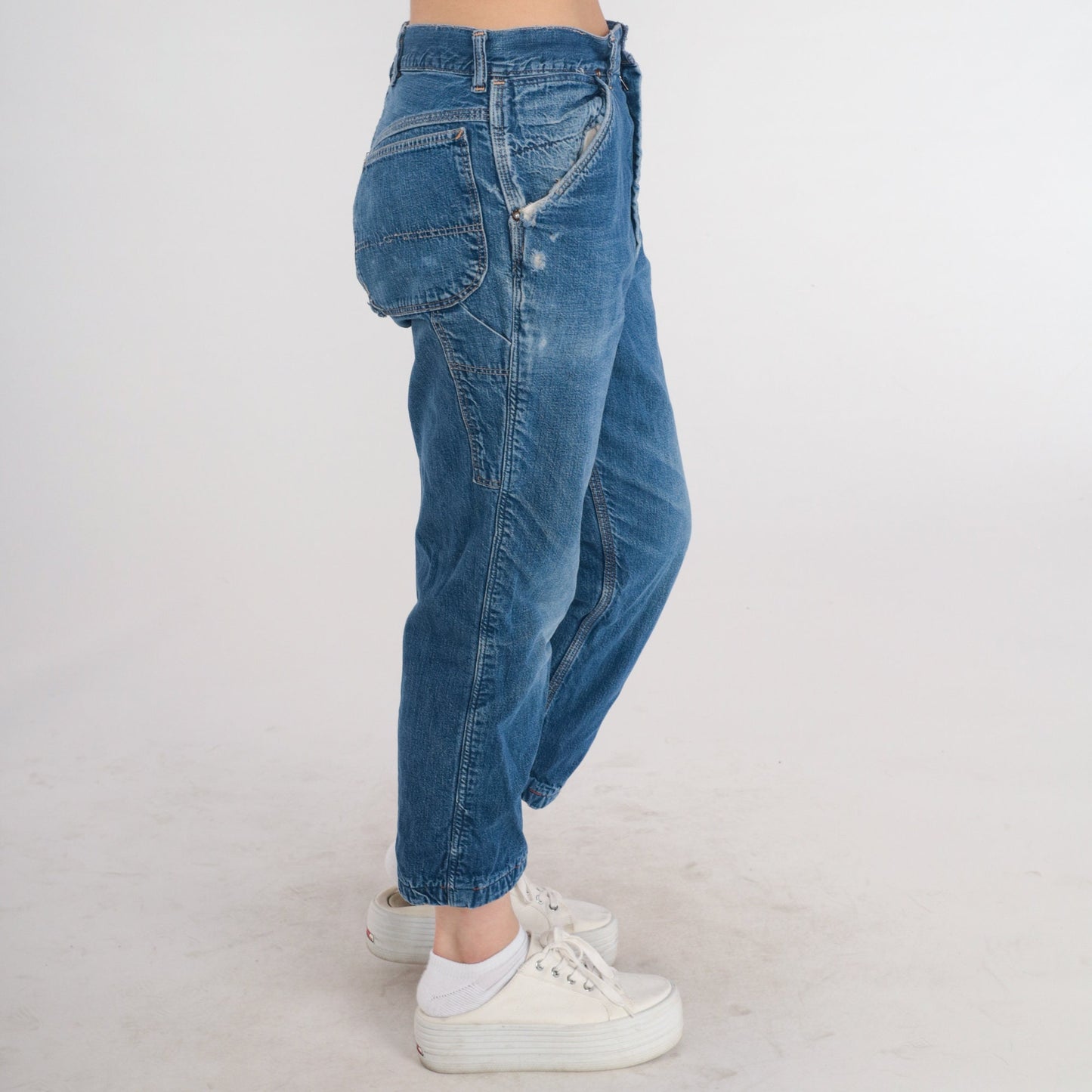 70s High Waist Tapered Ankle Jeans Blue Denim Elastic Cuff Medium M