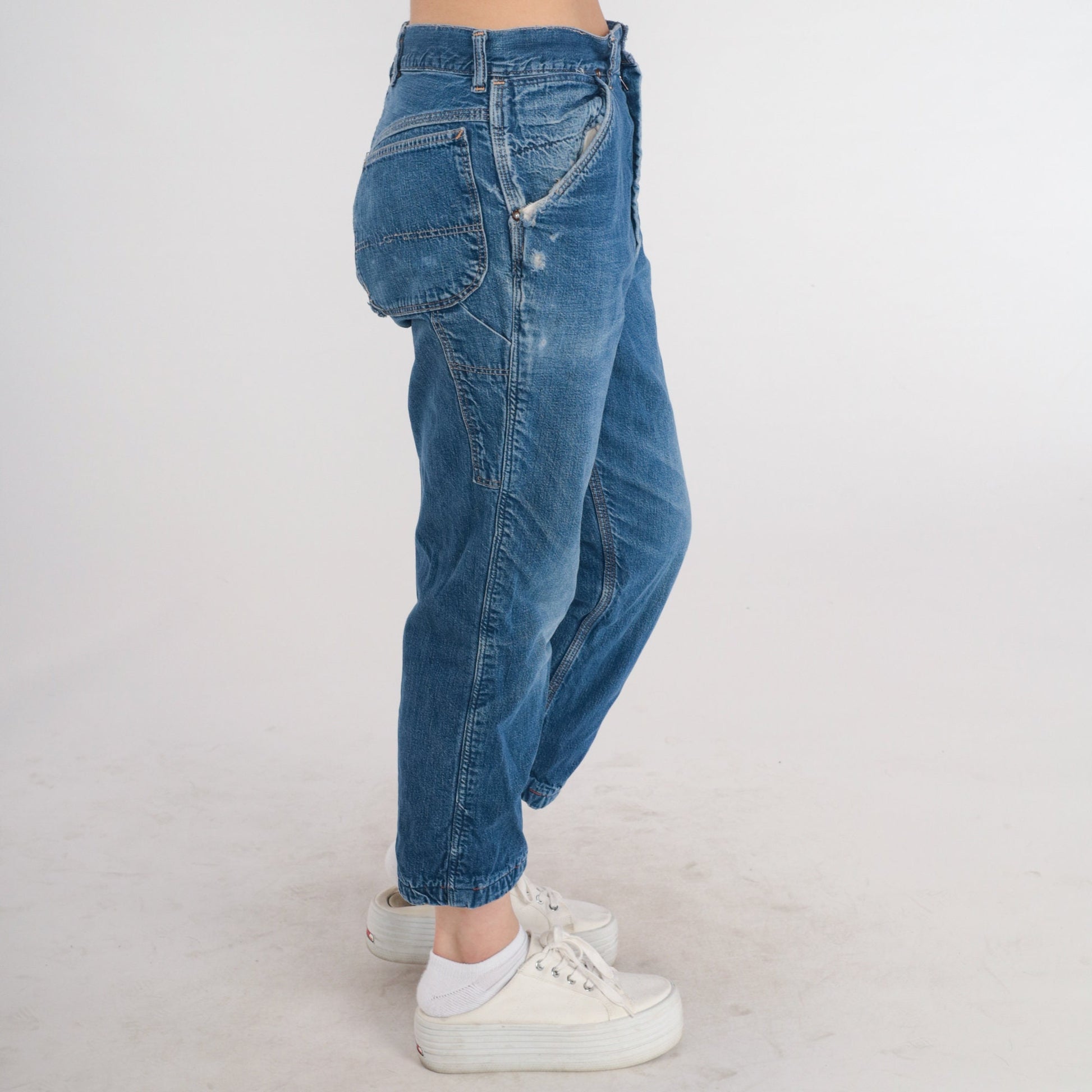 70s High Waist Tapered Ankle Jeans Blue Denim Elastic Cuff Medium M