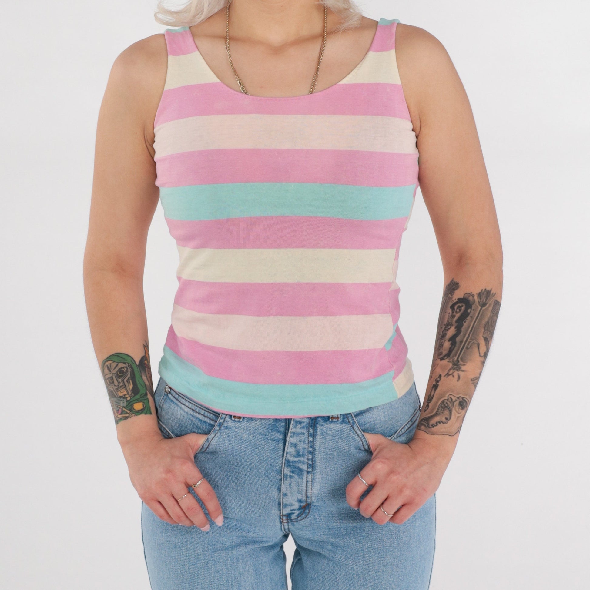 80s Striped Tank Top Multicolor Pink Blue Sleeveless Cotton Extra Small