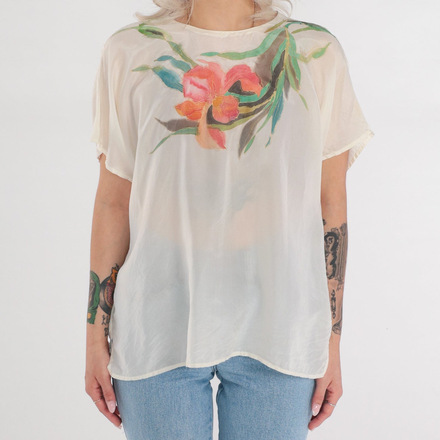 80s Iris Flower Silk Blouse Cream Semi-Sheer Short Sleeve Shirt Large