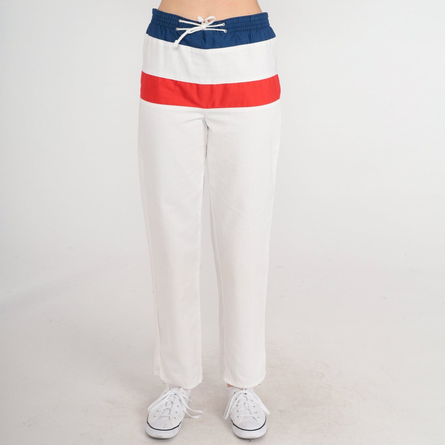 80s White Striped Track Pants Red Blue Elastic Waist Extra Small XS