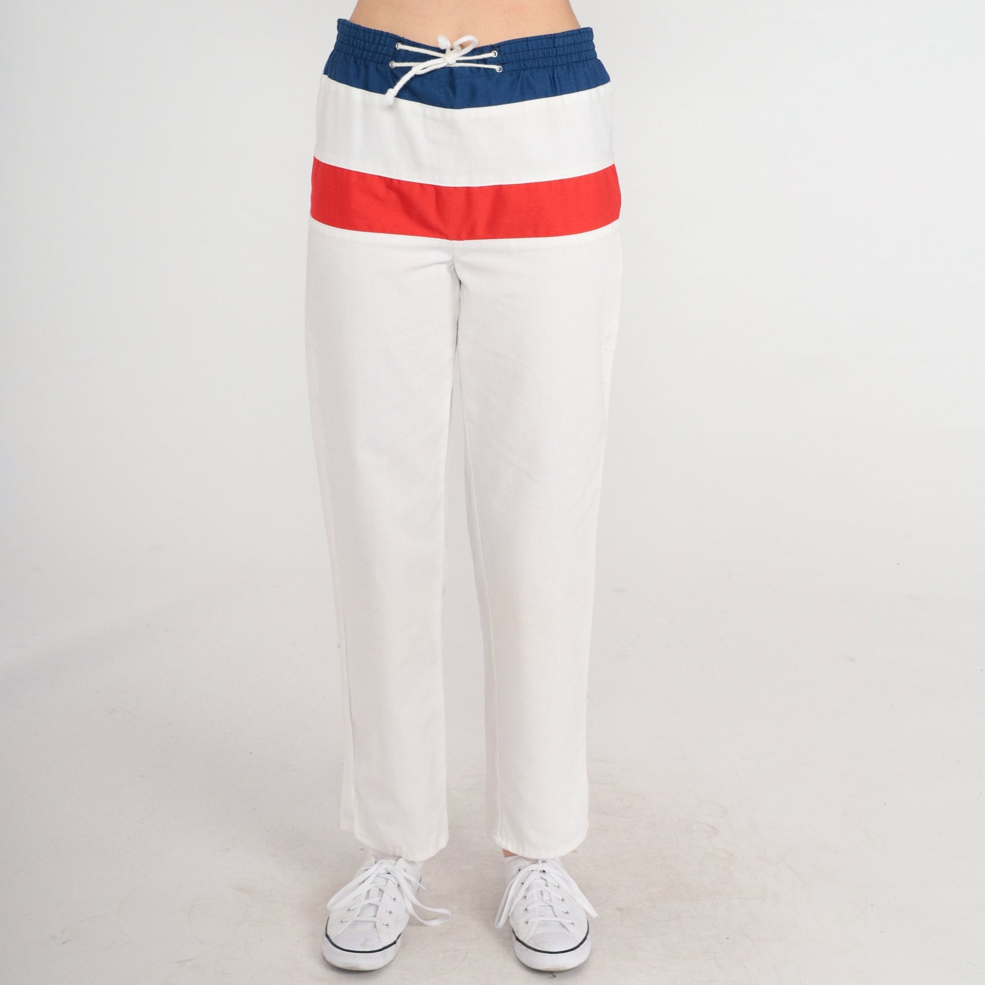 80s White Striped Track Pants Red Blue Elastic Waist Extra Small XS