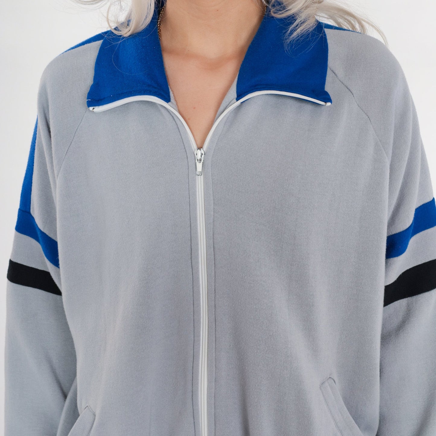 80s Grey Track Jacket Blue Black Striped Zip Up Sweatshirt Large