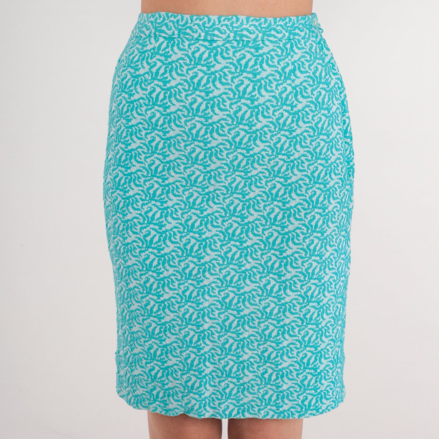 60s Bright Blue Floral Mini Skirt High Waisted Pencil Knit Extra Small