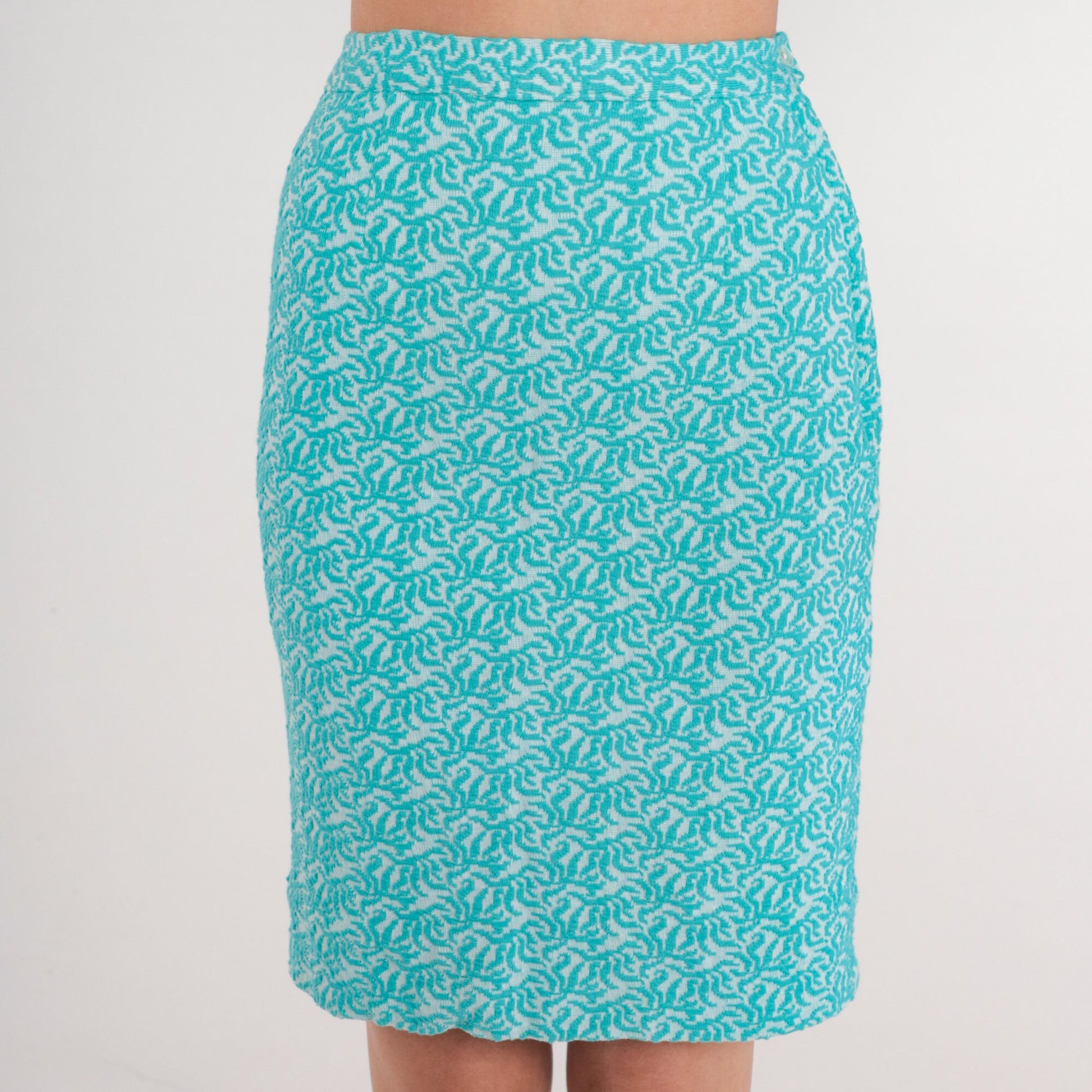 60s Bright Blue Floral Mini Skirt High Waisted Pencil Knit Extra Small