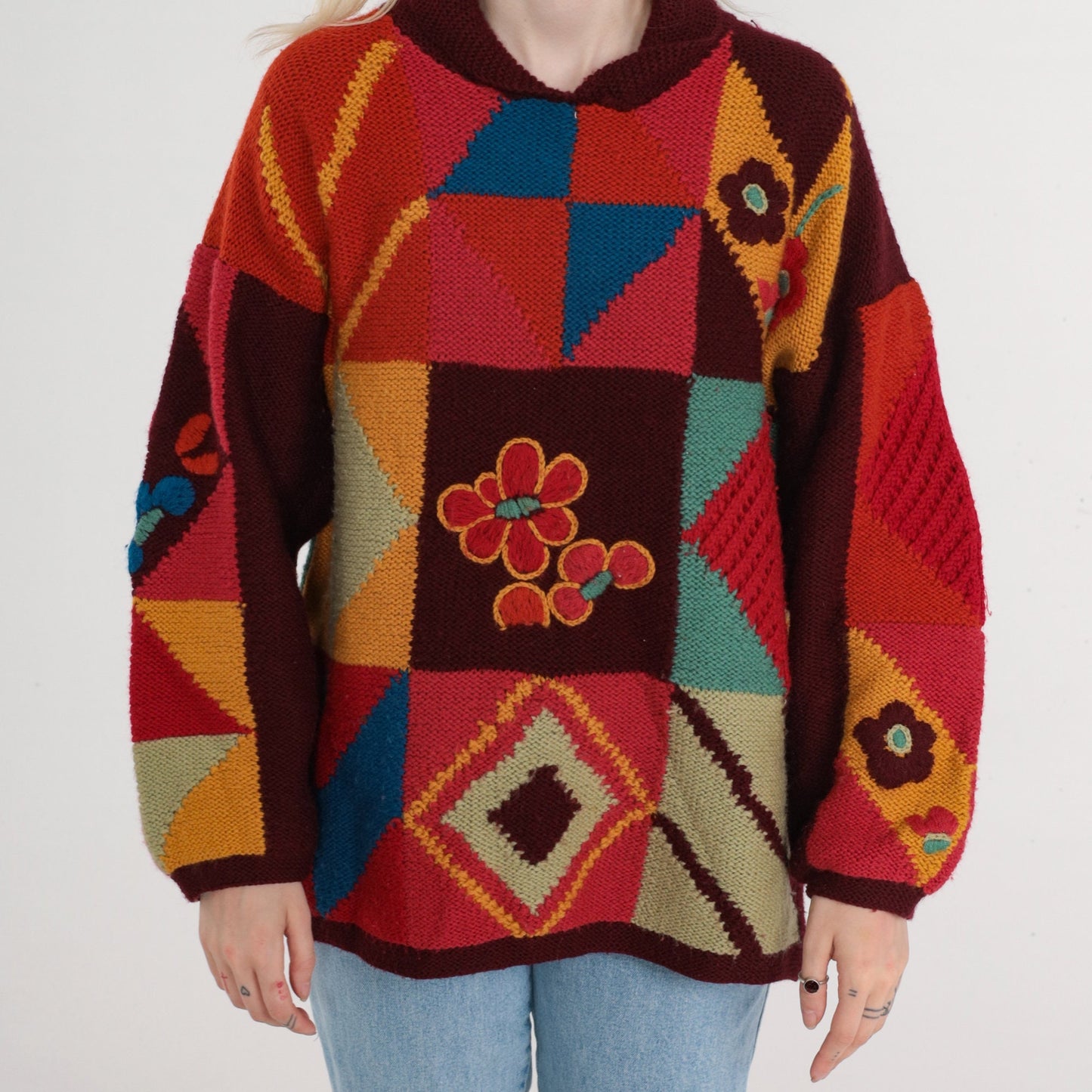 80s Geometric Floral Wool Blend Pullover Sweater Knit Red Green Orange Blue Medium Large