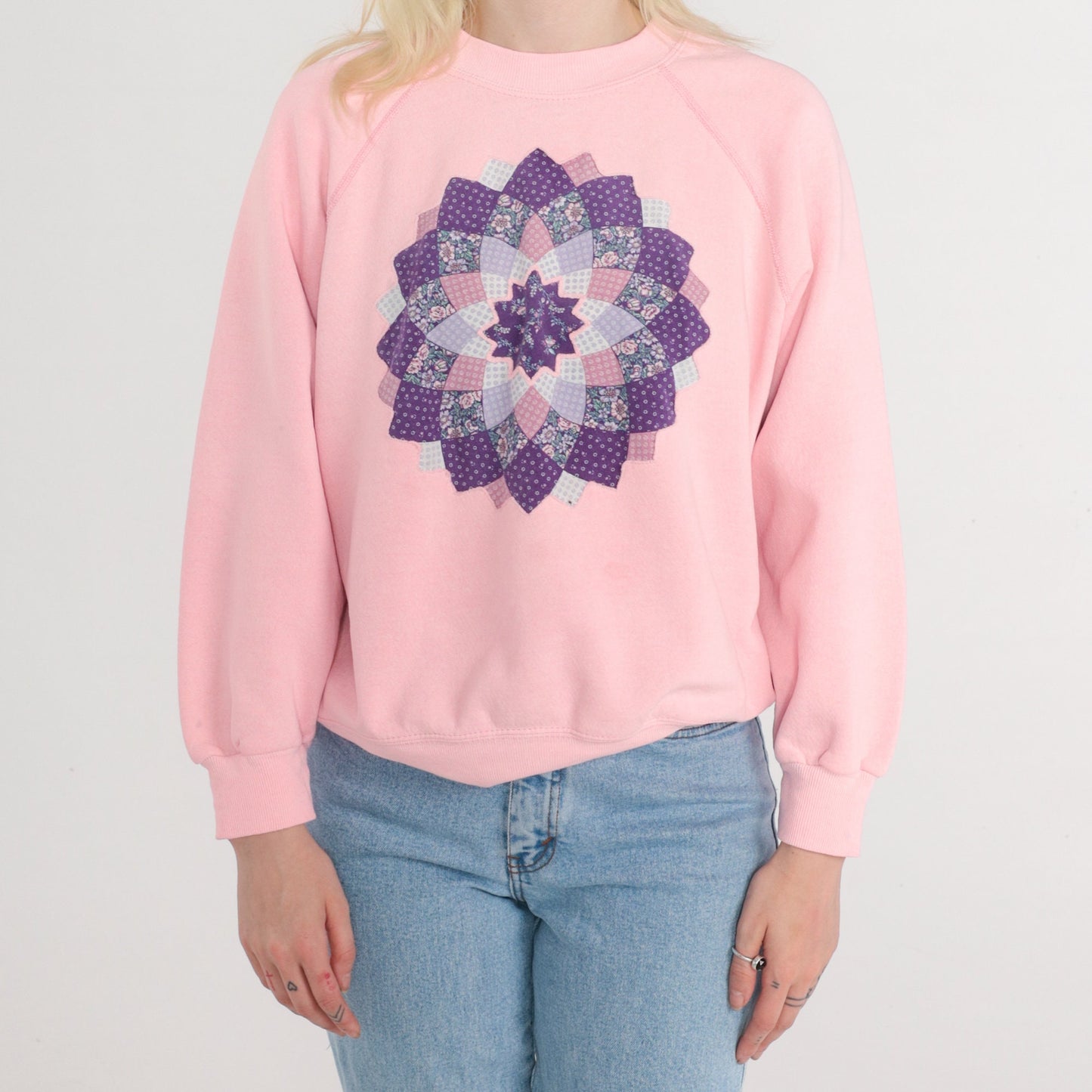 80s Quilted Floral Mandala Sweatshirt Baby Pink Raglan Crewneck Large