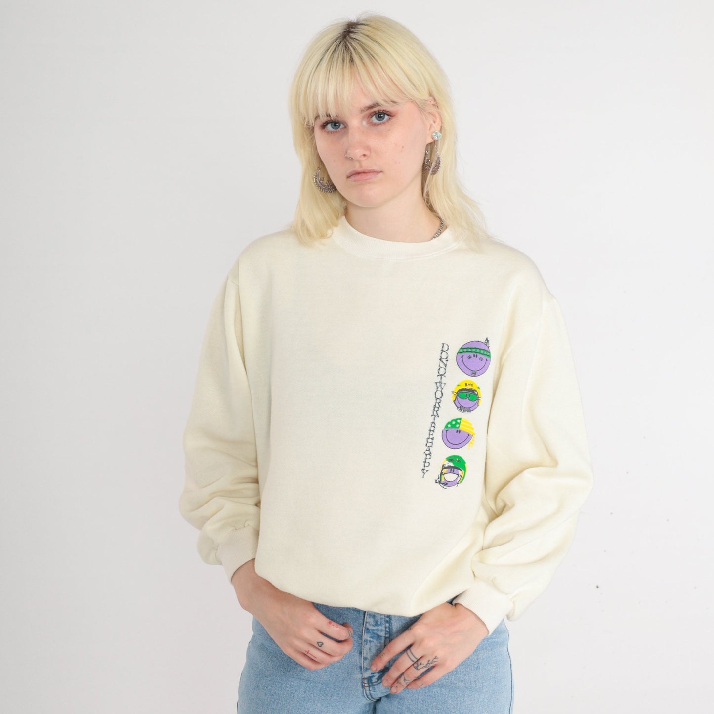80s Smiley Face Don't Worry Be Happy Sweatshirt Cream Graphic Crewneck Large