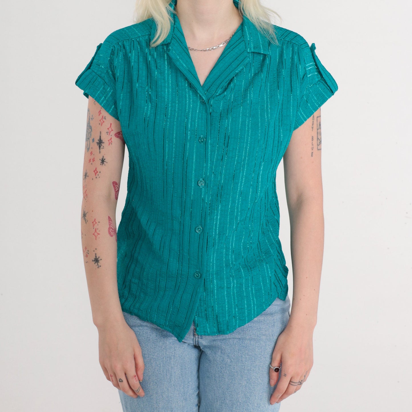 80s Teal Green Striped Button-Up Blouse Cap Sleeves V-Neck Small