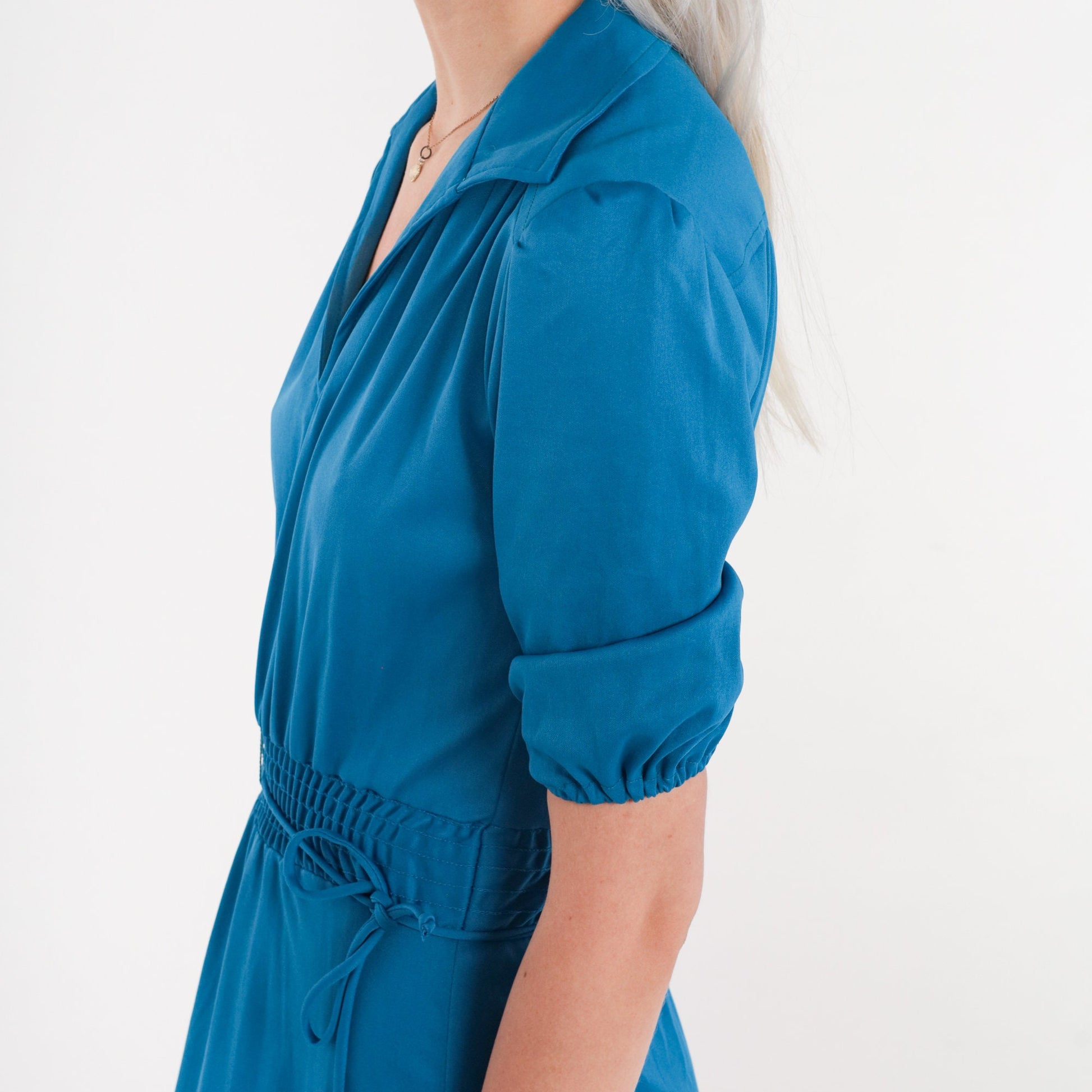 70s Blue Midi Dress Puff Sleeve High Waist Collared V-Neck Extra Small