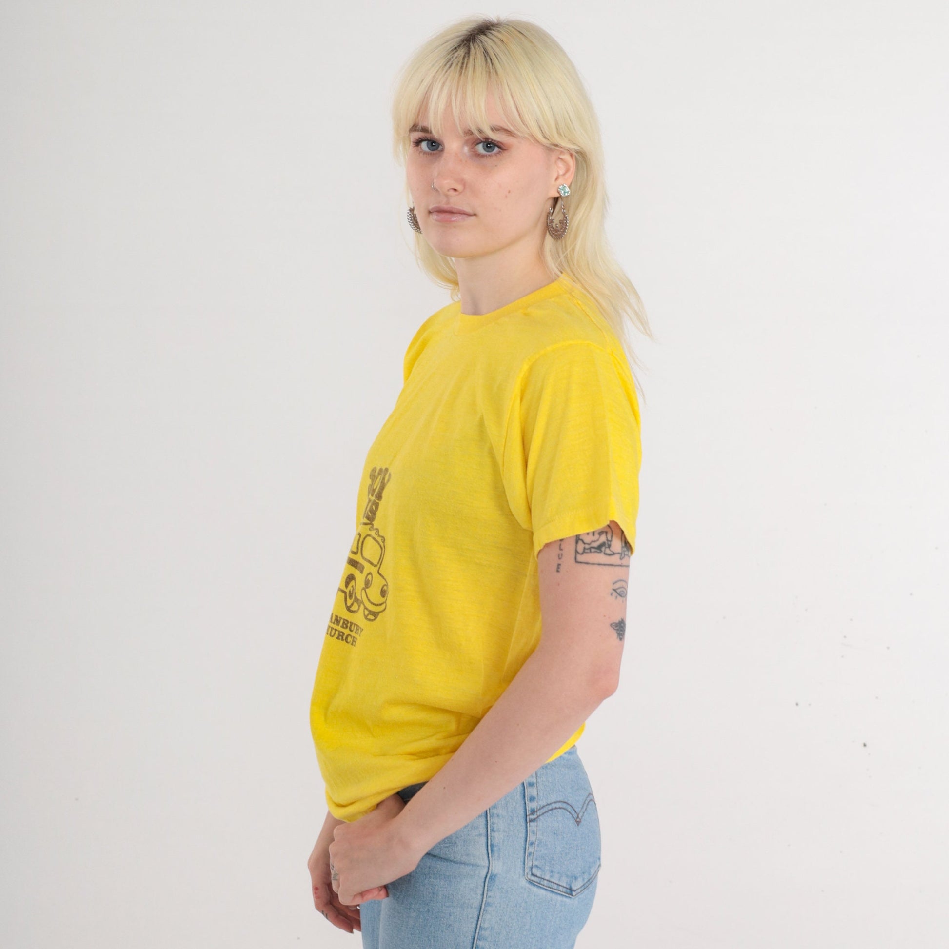 80s Granbury Church Joy Bus Graphic T-Shirt Yellow Christian Tee Medium