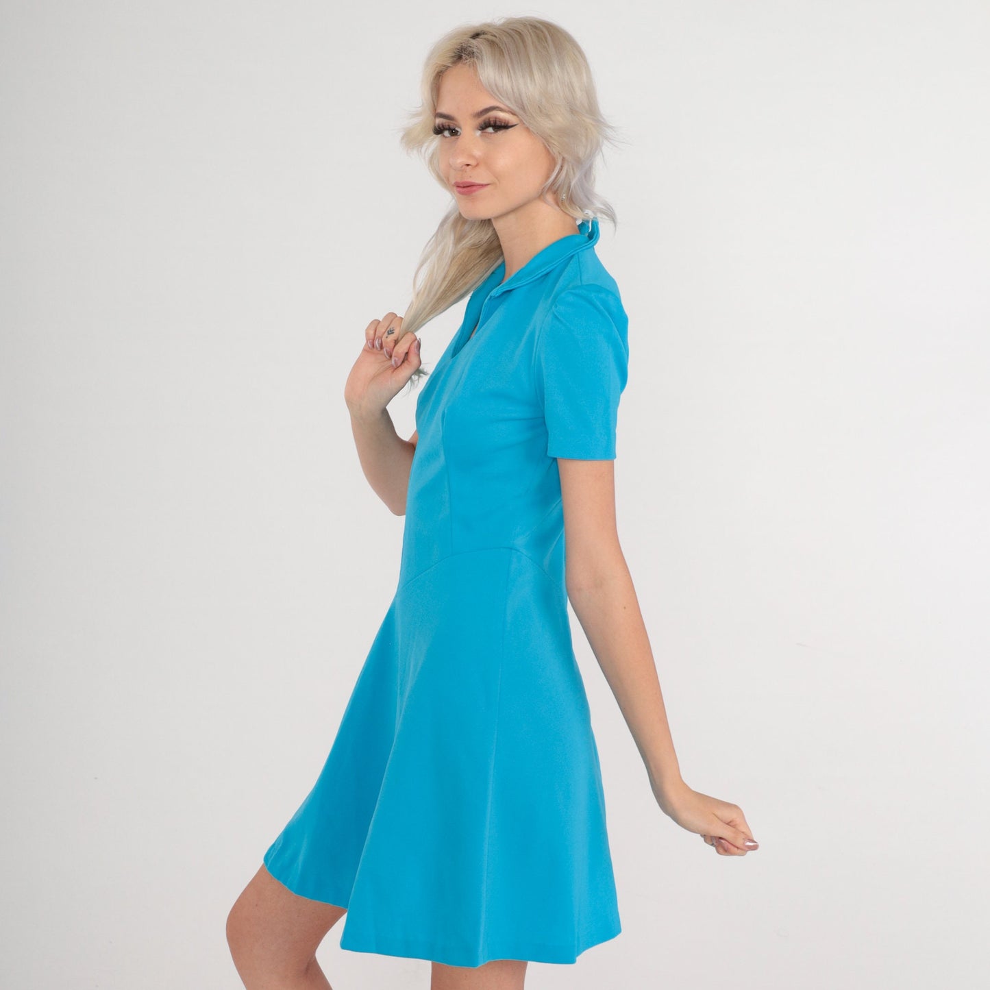 1960s Blue Mini Dress Mod Puff Sleeve Basque Waist Collared V-Neck XS