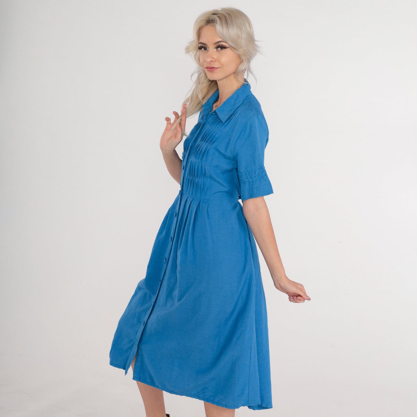 90s Coldwater Creek Blue Midi Shirtdress Pleated High Waisted Small S