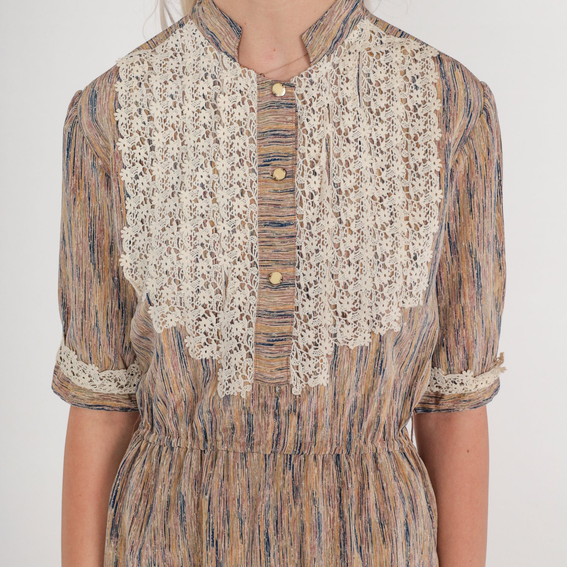 70s Crochet Bib Midi Dress Striped Earth Tone High Neck Puff Sleeve Small