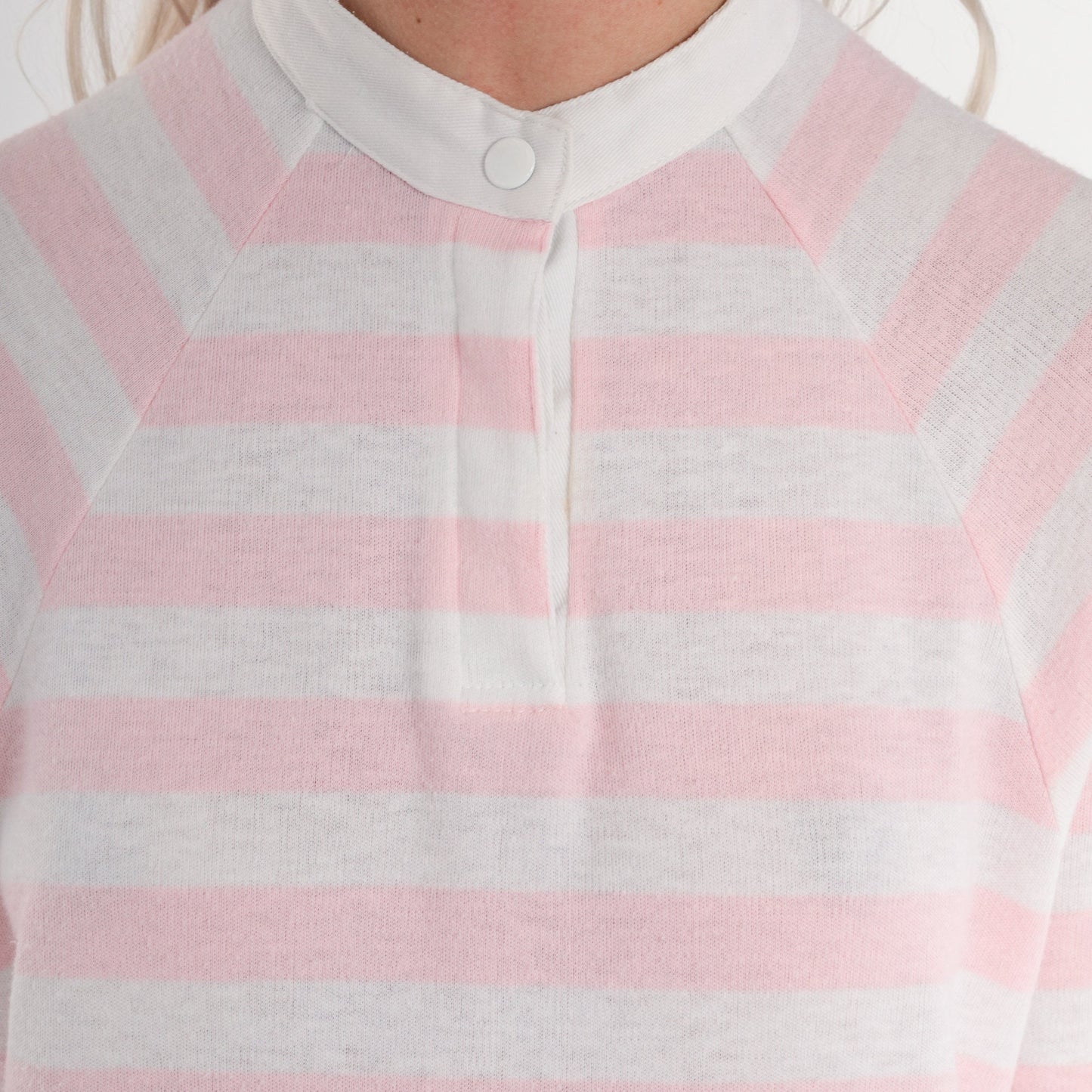 80s Pink White Striped Henley Sweatshirt Kangaroo Pocket Snap Pullover Extra Small