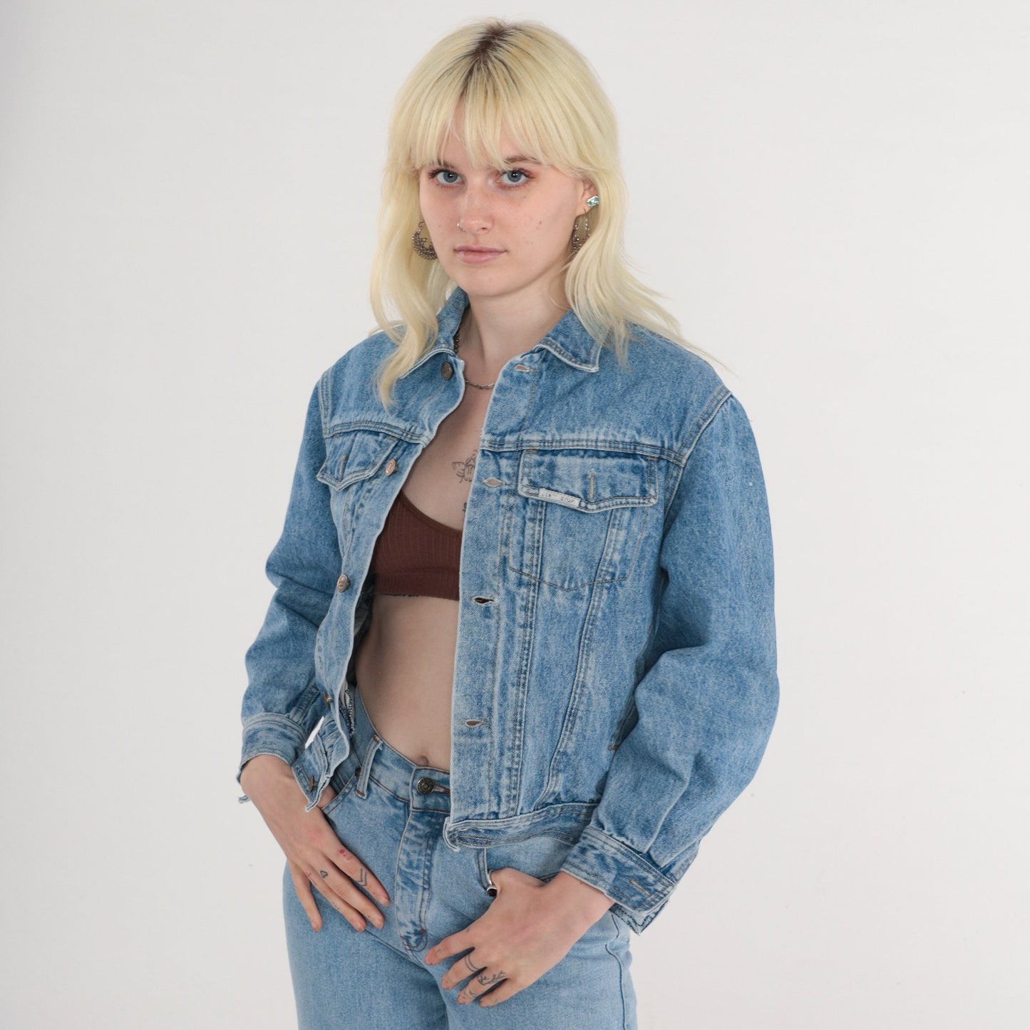 80s Blue Denim Jacket Button-Up Trucker Coat Extra Small XS