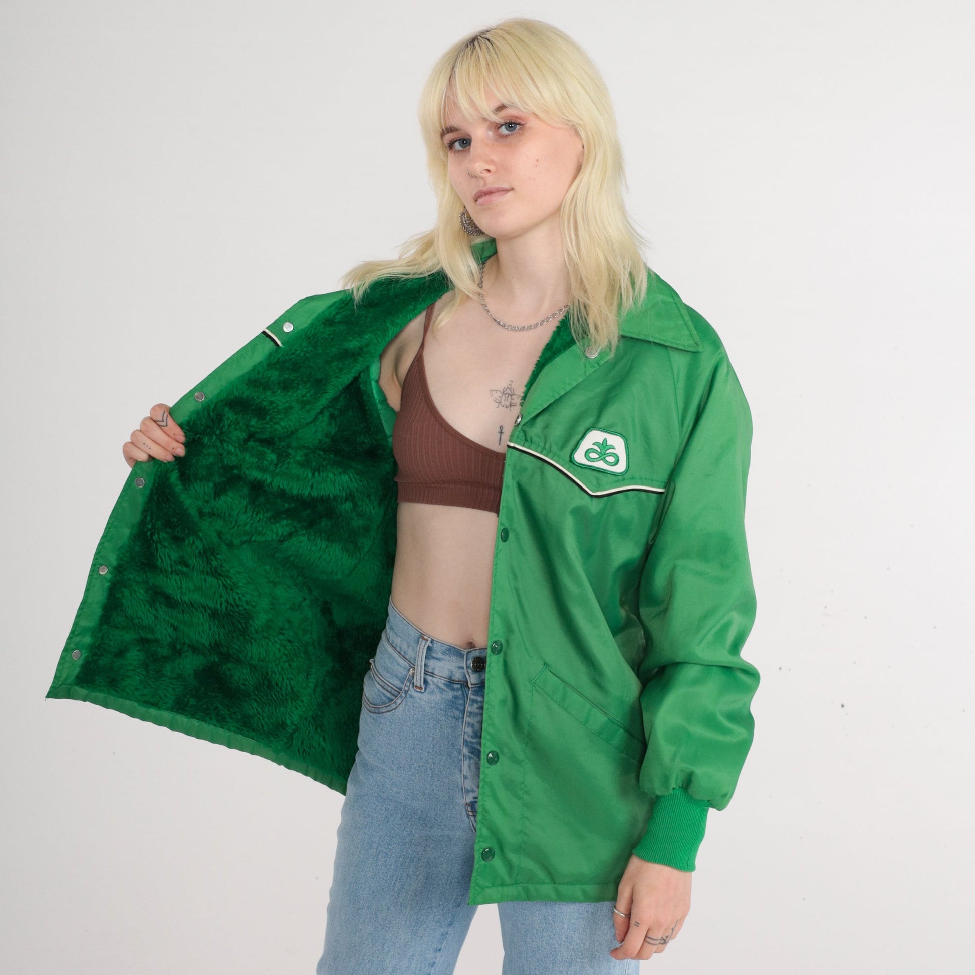 70s Green Windbreaker Jacket Faux Fur Lined Snap Fleur De Lis Medium