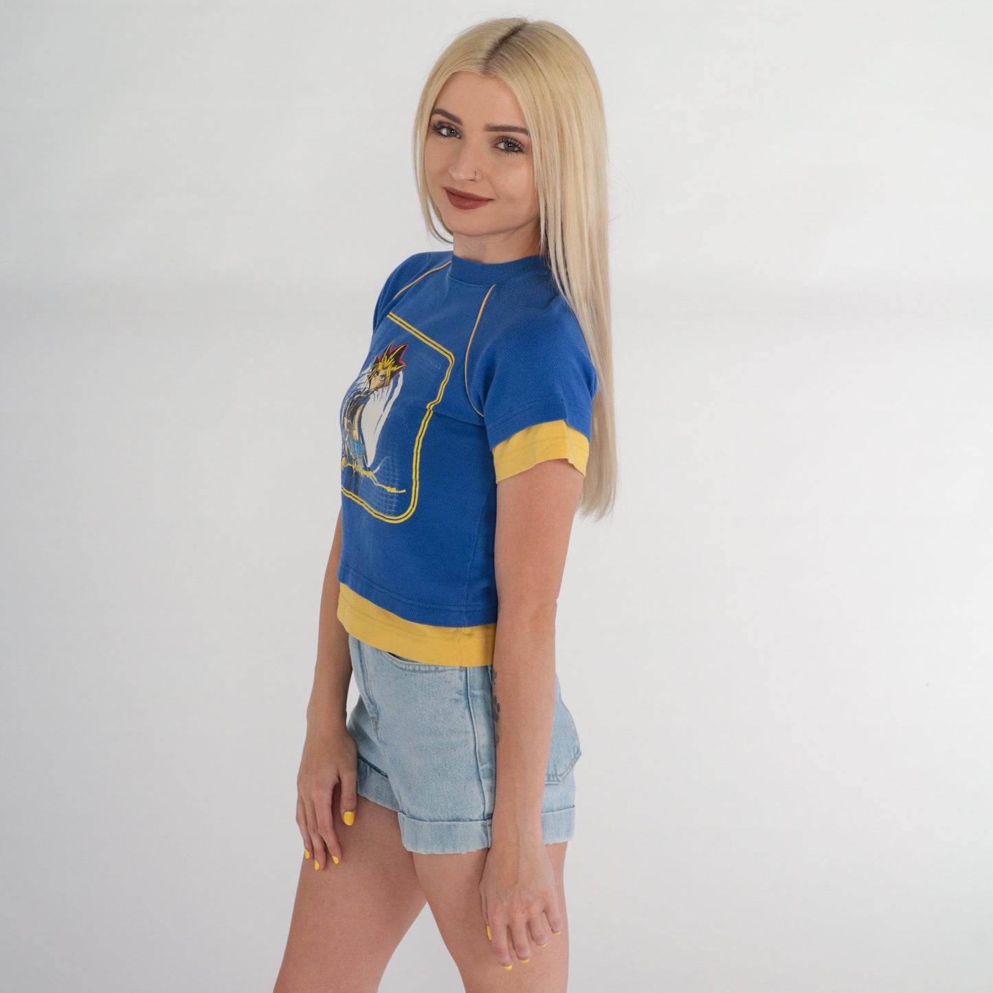 90s Yu-Gi-Oh Crop Top Raglan Graphic Tee Blue Yellow 2XS