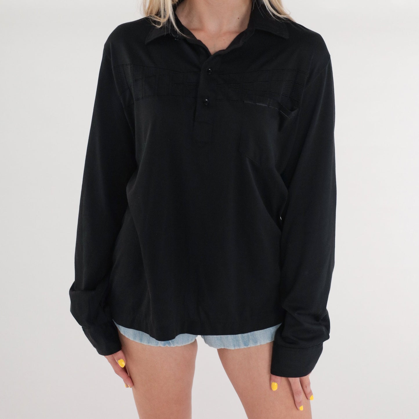 70s Black Polo Shirt Embroidered Square Chest Long Sleeve Collared Large L
