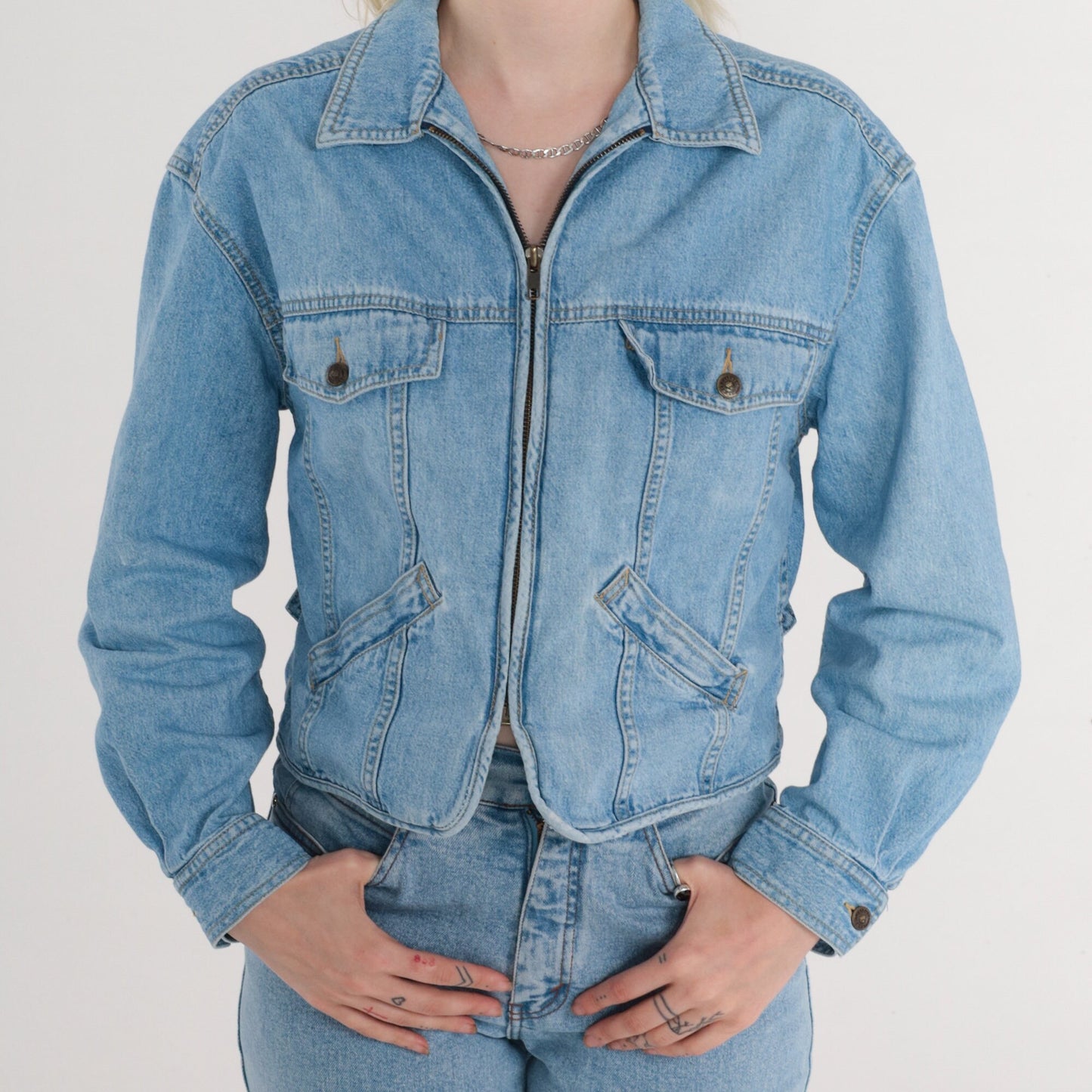 90s Liz Wear Cropped Denim Jacket Blue Zip-Up Medium