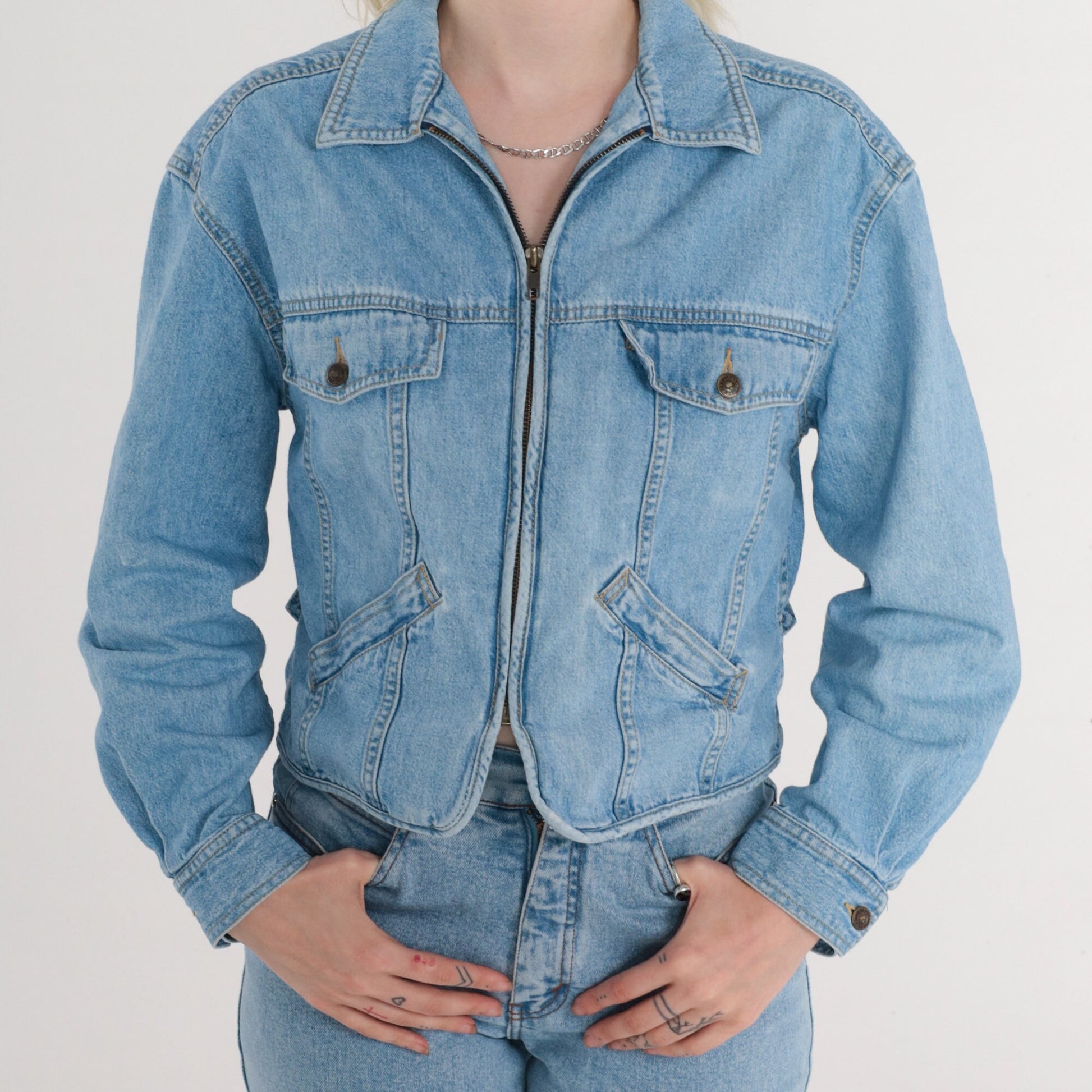 90s Liz Wear Cropped Denim Jacket Blue Zip-Up Medium