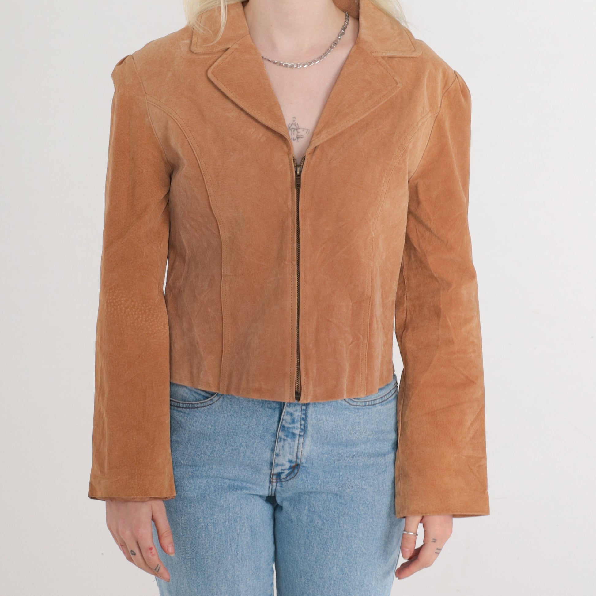 90s Tan Suede Zip Jacket Moto Blazer Leather Small