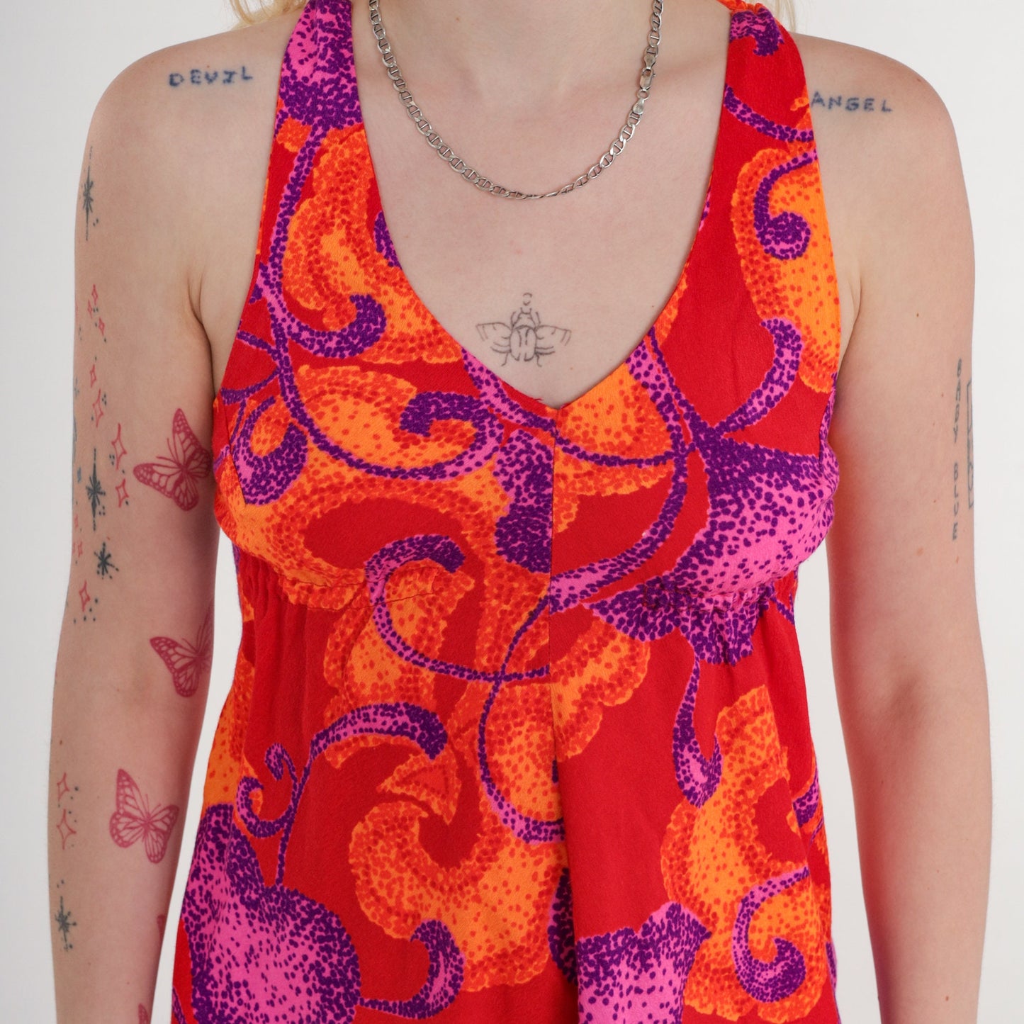 70s Halter Mini Dress Abstract Print Neon Red Empire Waist Sleeveless Extra Small