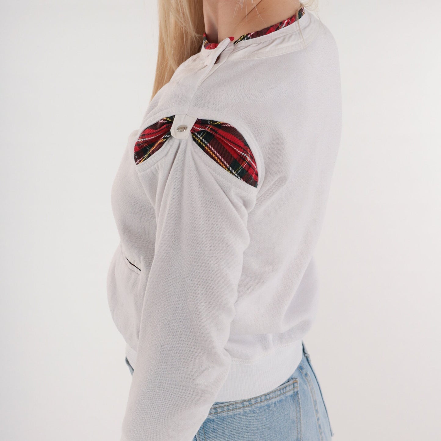 90s White Red Plaid Crewneck Sweatshirt Shoulder Snap Long Sleeve Extra Small