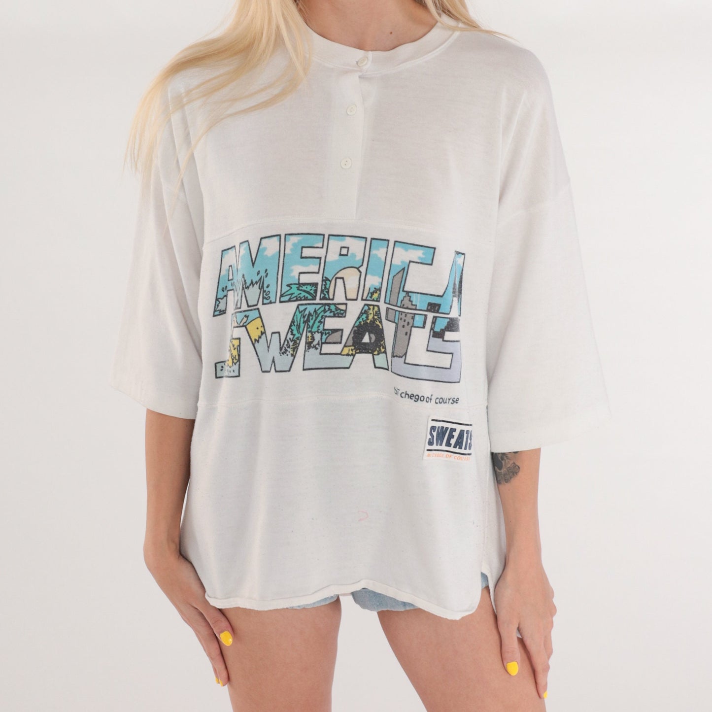 80s America Sweats Bichego Henley T-Shirt White Graphic Logo Medium