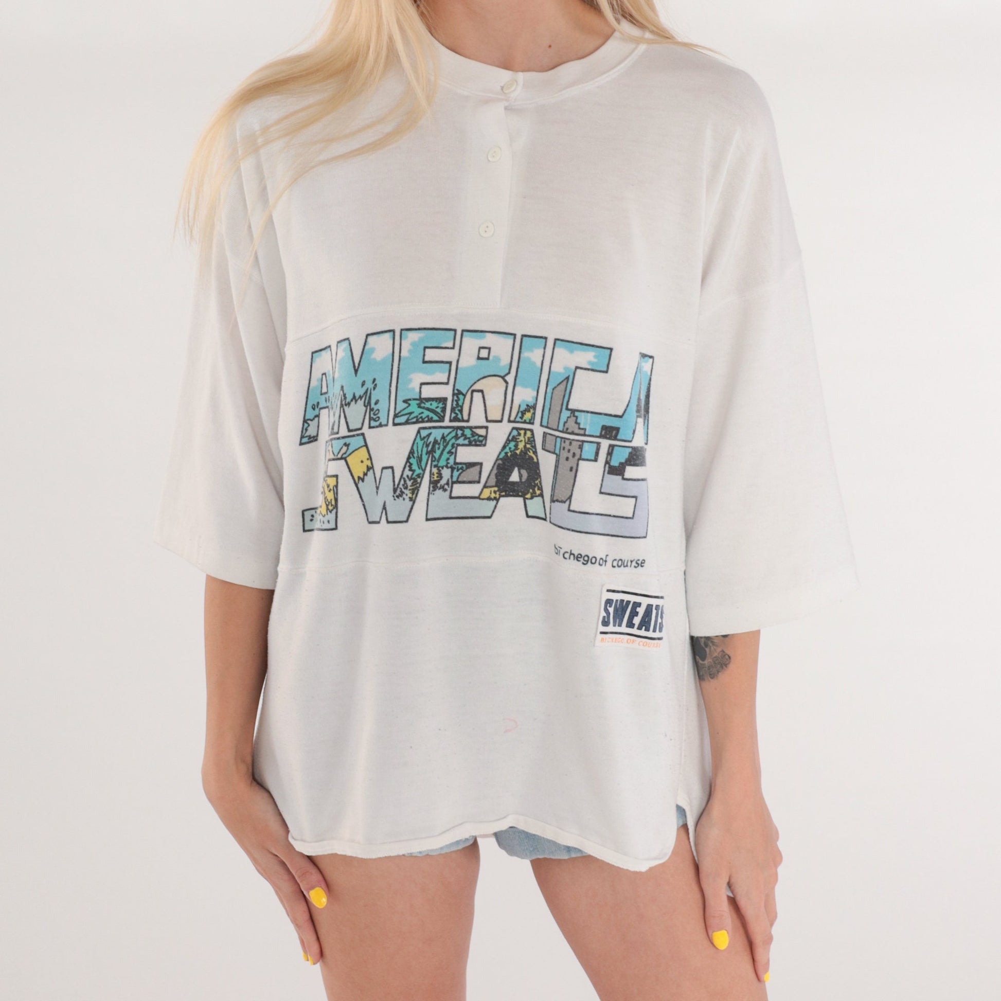 80s America Sweats Bichego Henley T-Shirt White Graphic Logo Medium