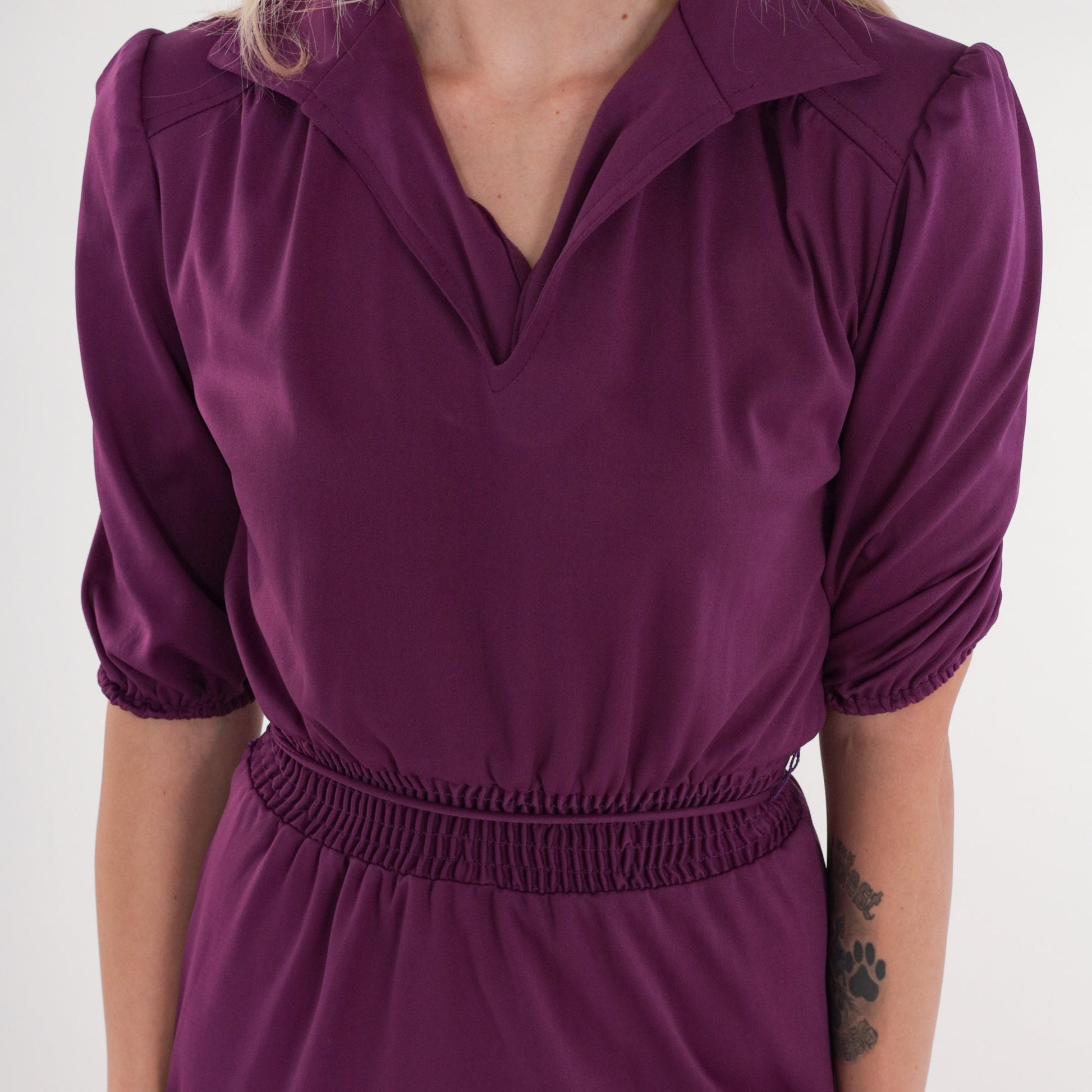 70s Purple Midi Dress Puff Sleeve Collared V-Neck Smocked Waist XS