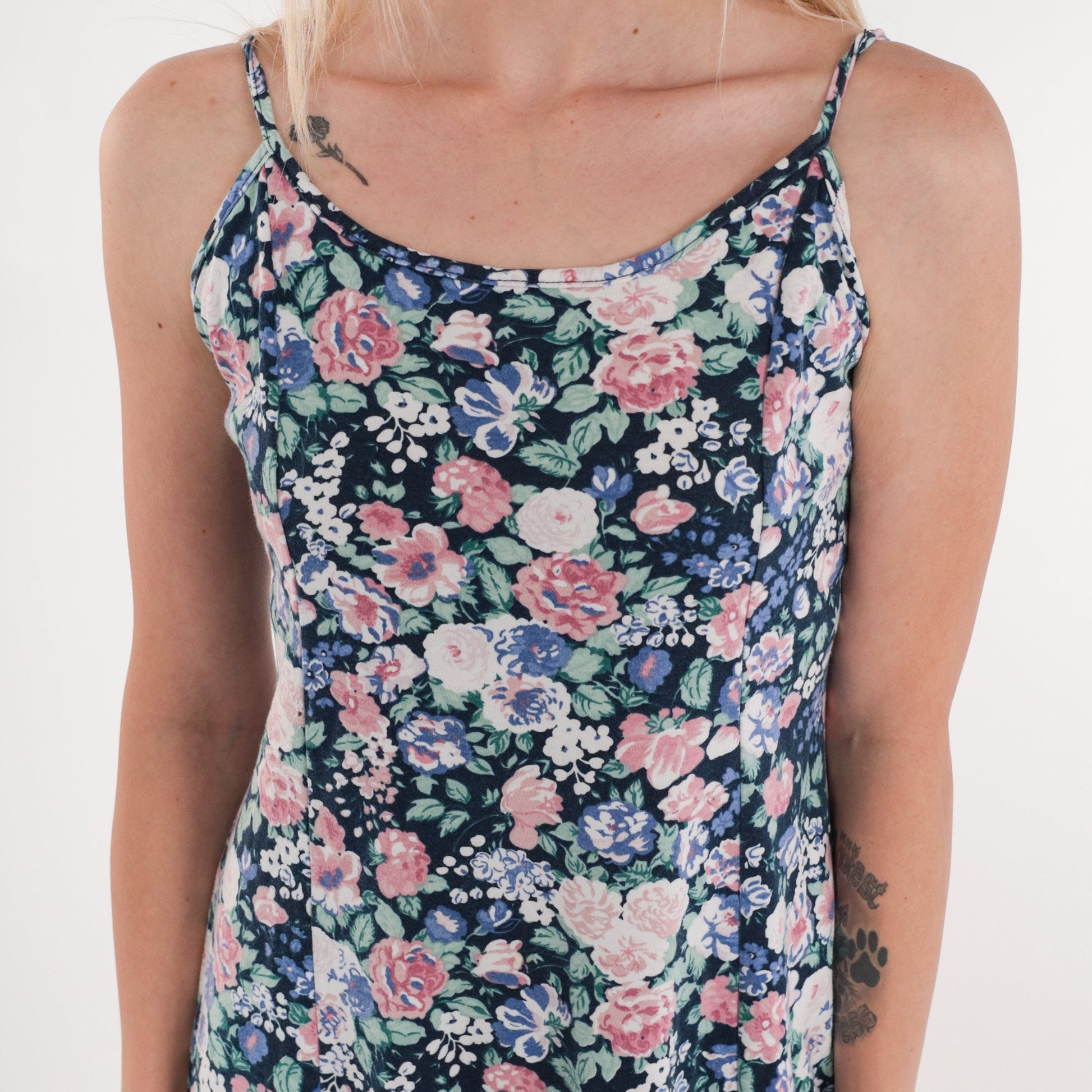 90s Navy Floral Midi Sundress Sleeveless Empire Waist Spaghetti Strap Medium M