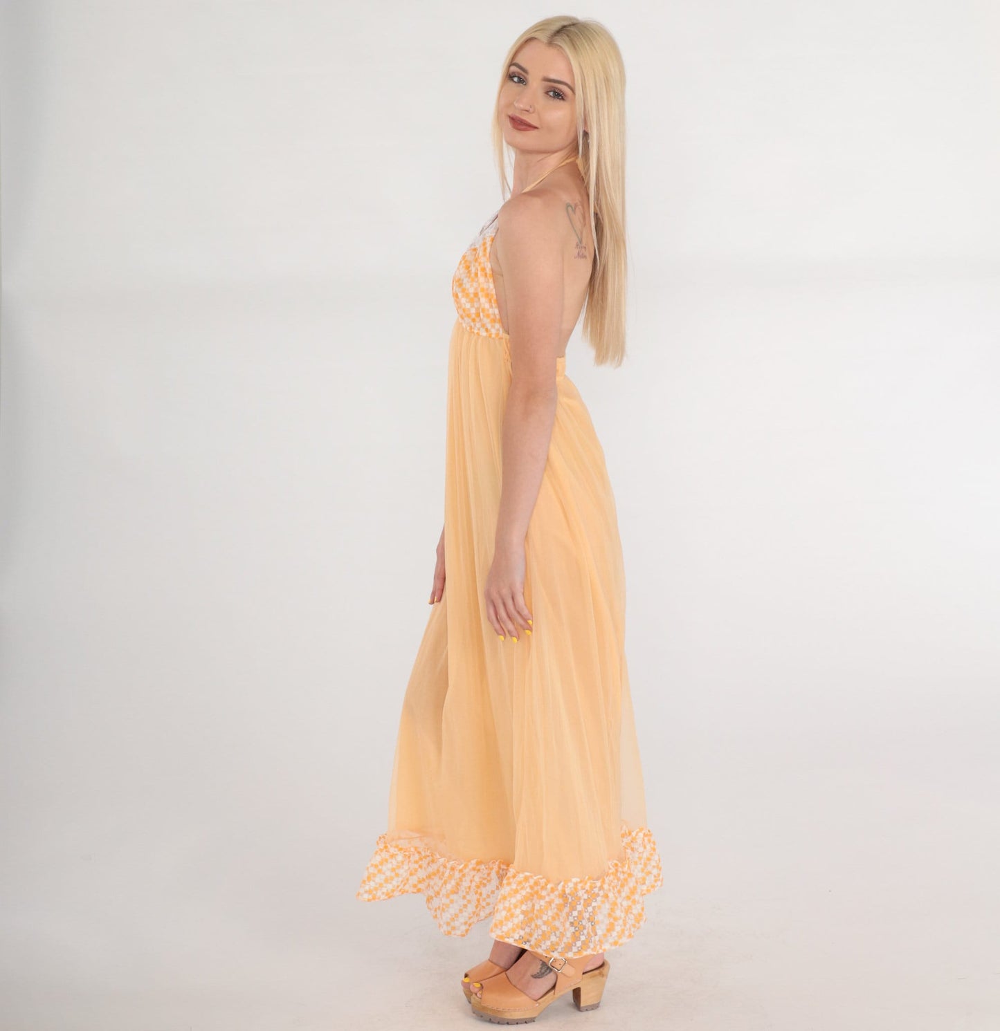 70s Orange Halter Maxi Slip Dress Empire Waist Lace Trim Small