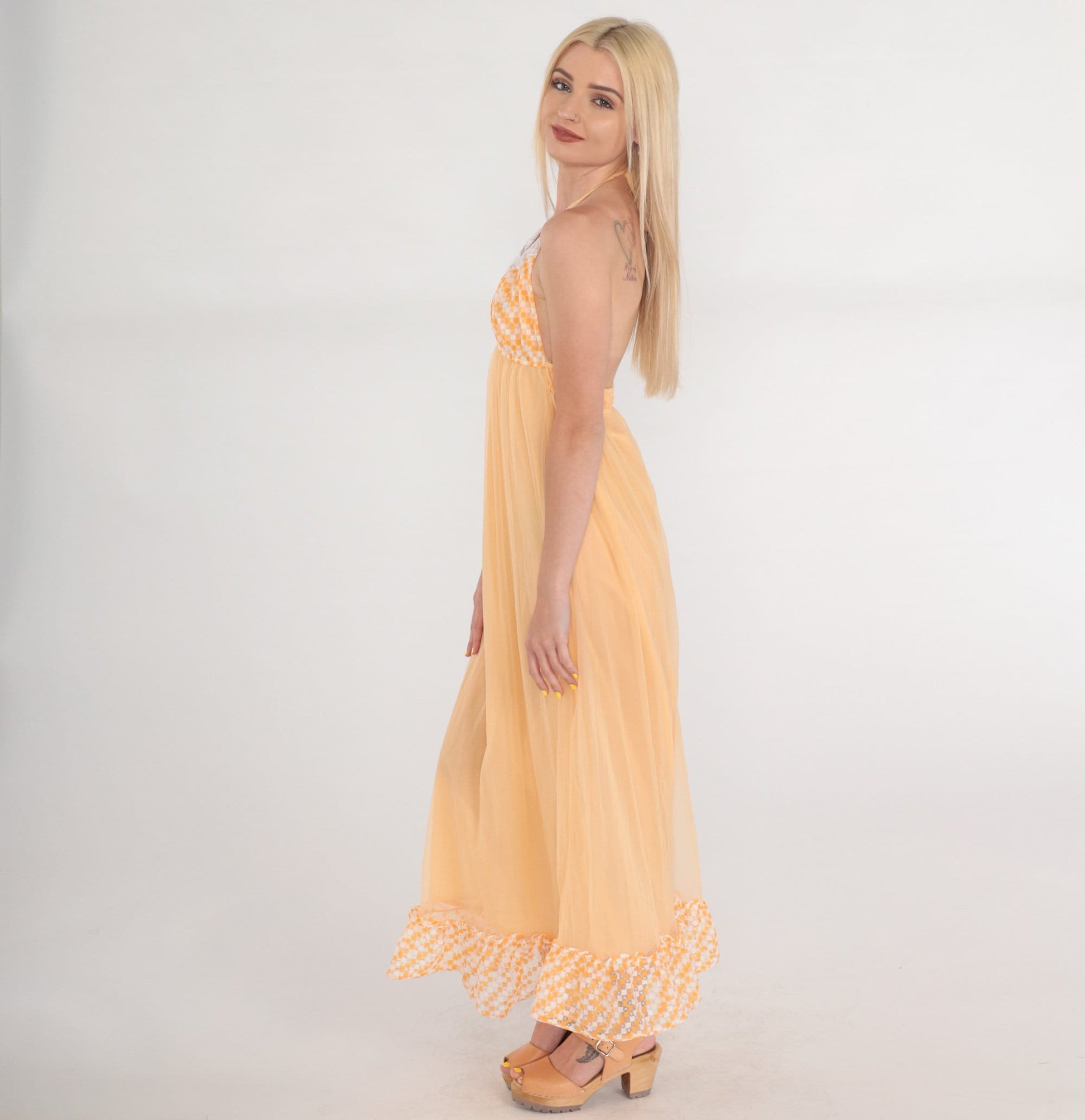 70s Orange Halter Maxi Slip Dress Empire Waist Lace Trim Small