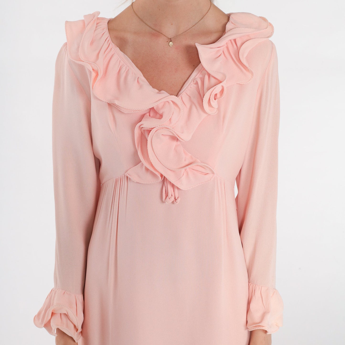 70s Pink Babydoll Mini Dress Empire Waist Ruffled Long Sleeve Medium M