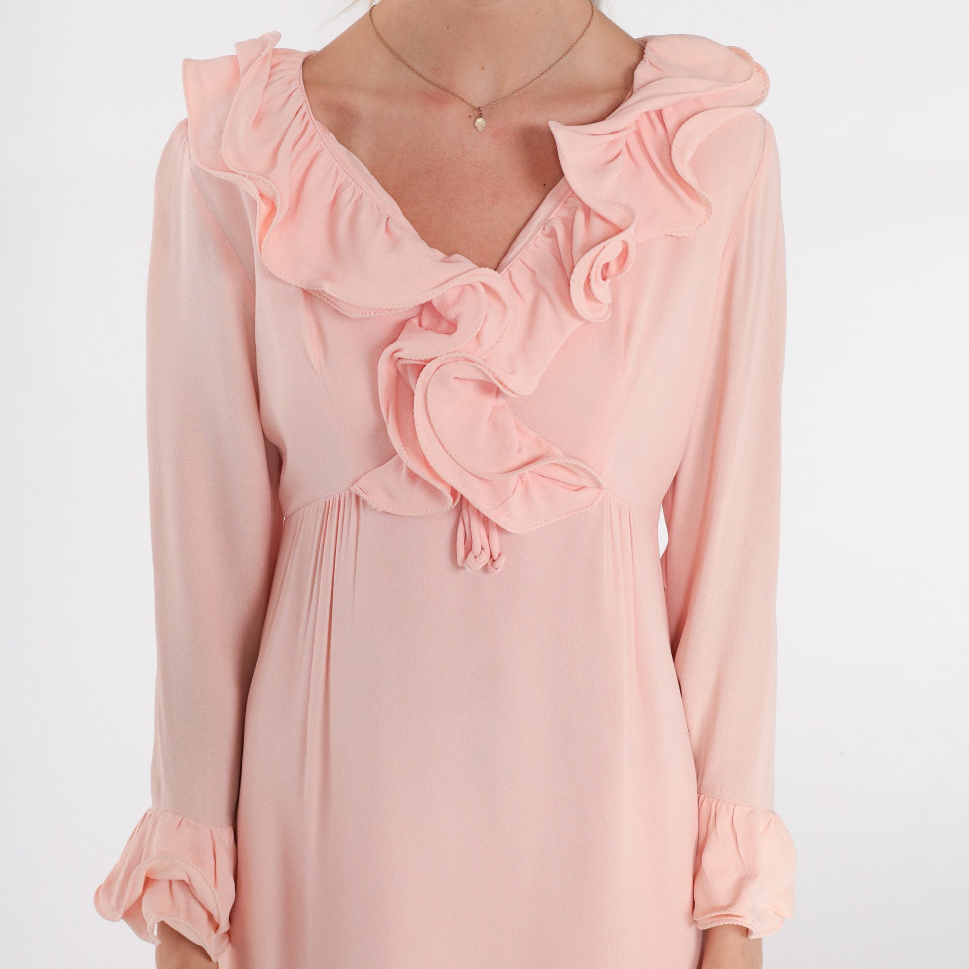 70s Pink Babydoll Mini Dress Empire Waist Ruffled Long Sleeve Medium M